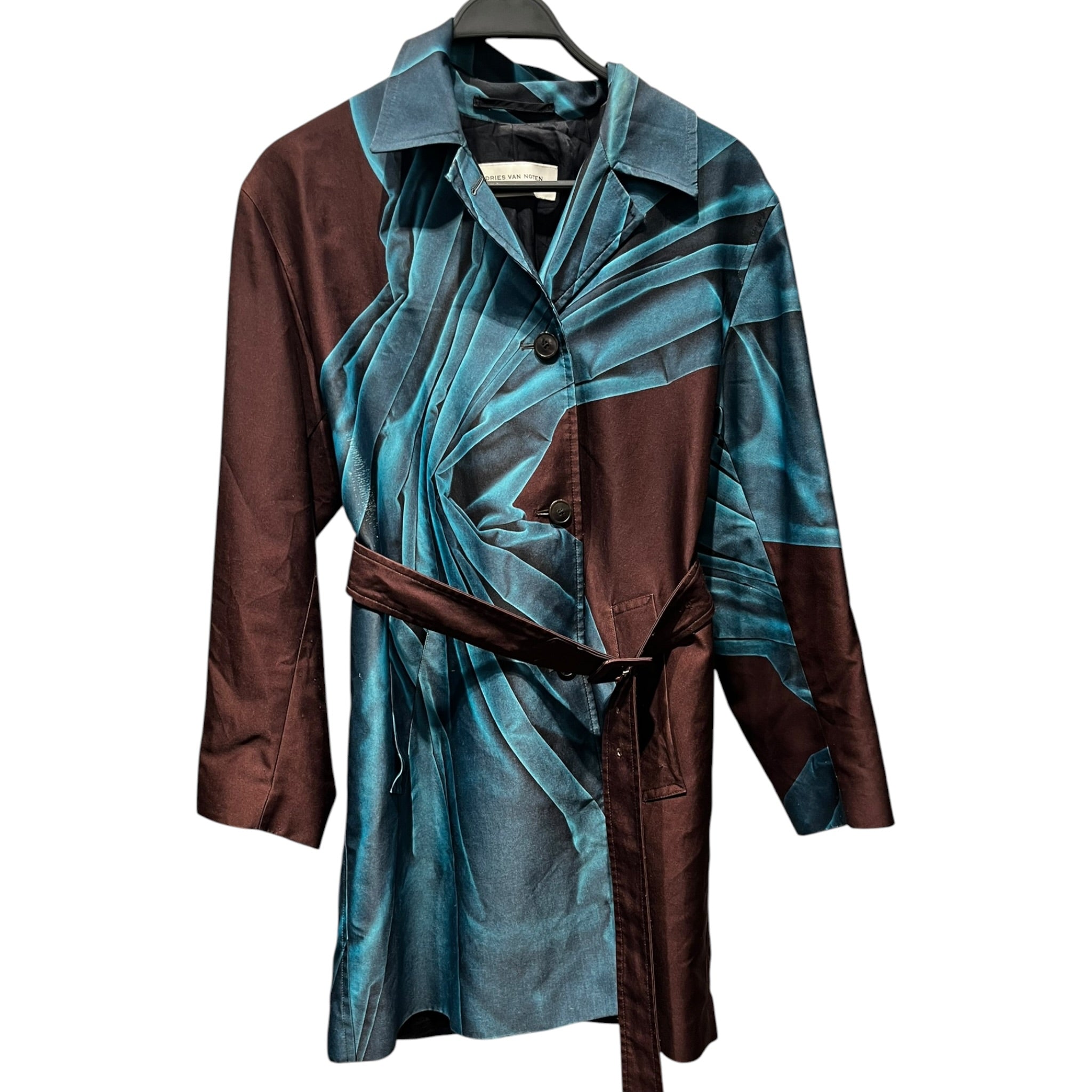 DRIES VAN NOTEN/Trench Coat/36/All Over Print/Polyester/BLU/Single Breasted/waist tie view 1