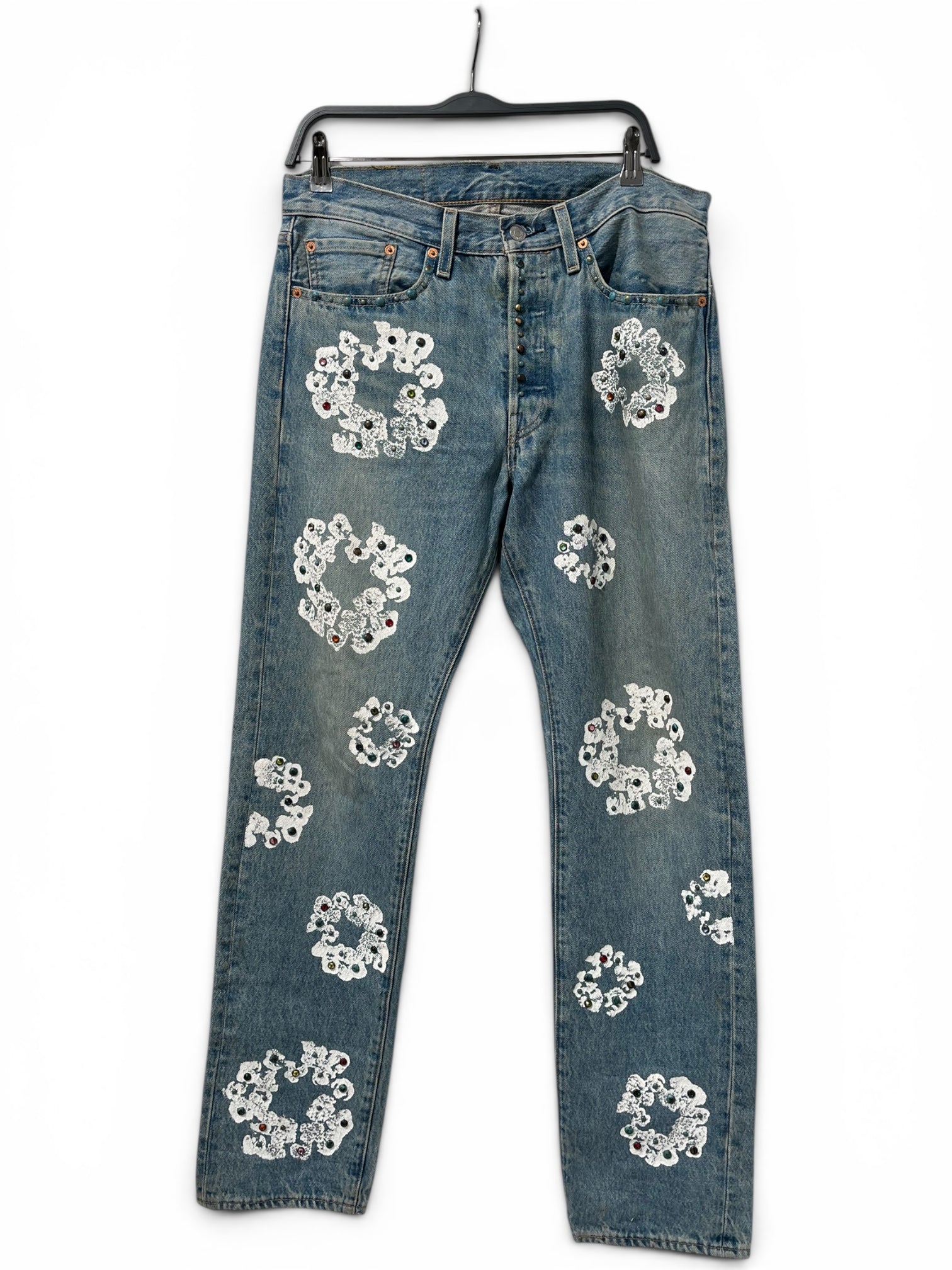 DENIM TEARS/Levi's/Pants/32/Cotton/BLU/Button Fly/Graphic/BEDAZZLED-WHITE WREATHS view 1