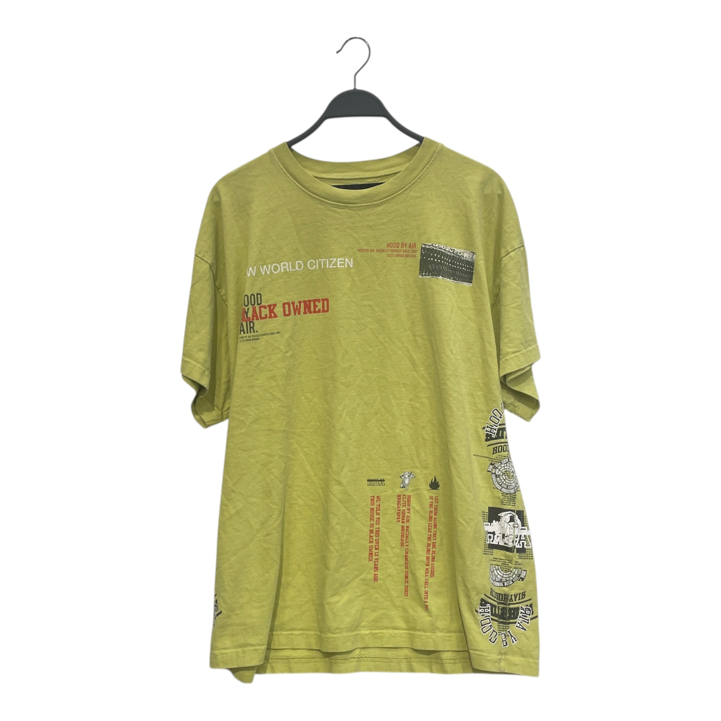 HOOD BY AIR./T-Shirt/O/S/Cotton/GRN/Graphic/lime grn new world citizen view 1