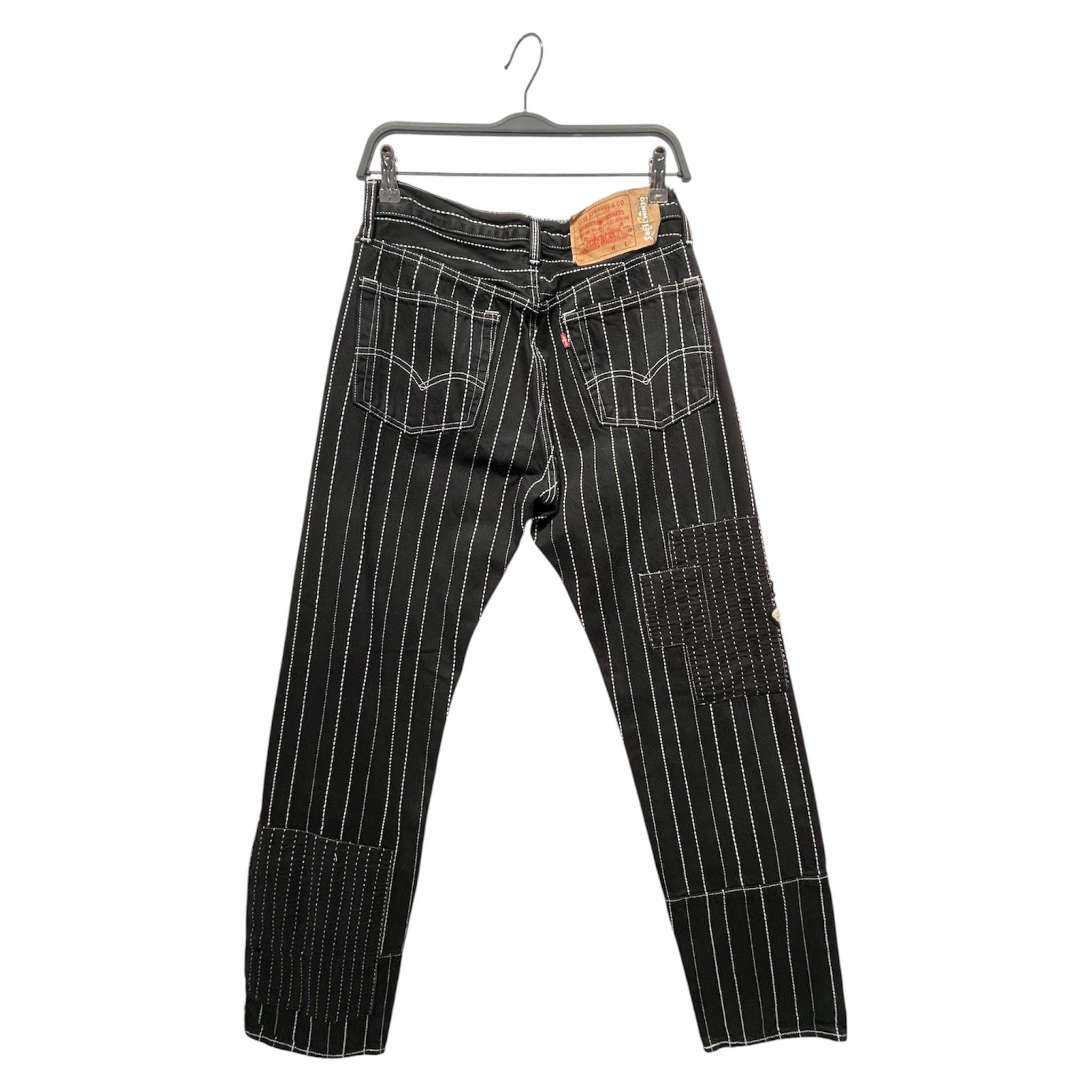 DENIM TEARS/Pants/32/Denim/BLK/Stripe/white stitching/patch on thigh view 2