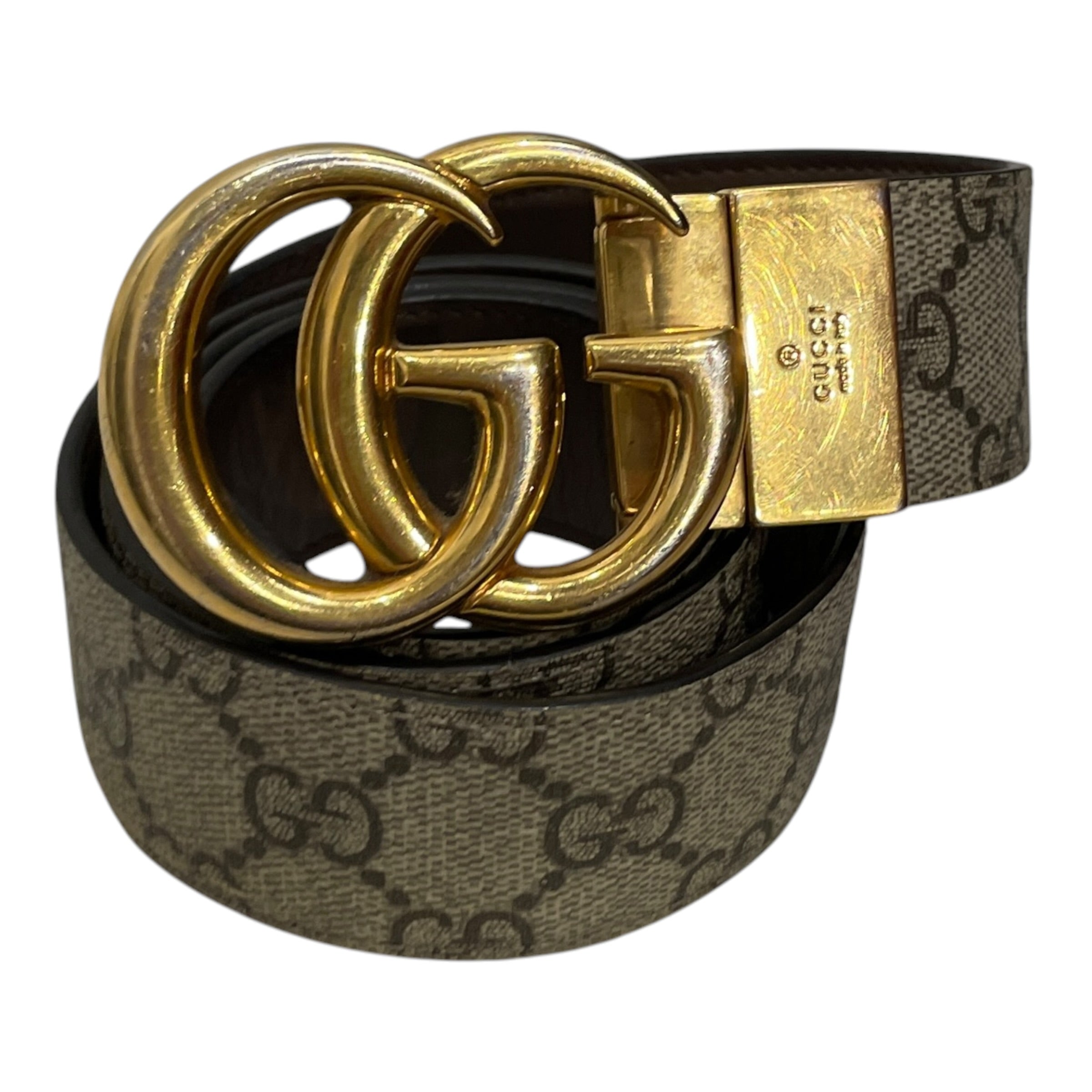 GUCCI/Belt/Monogram/Leather/GRY/M's/GOLD BUCKLE MONOGRAM BELT view 1