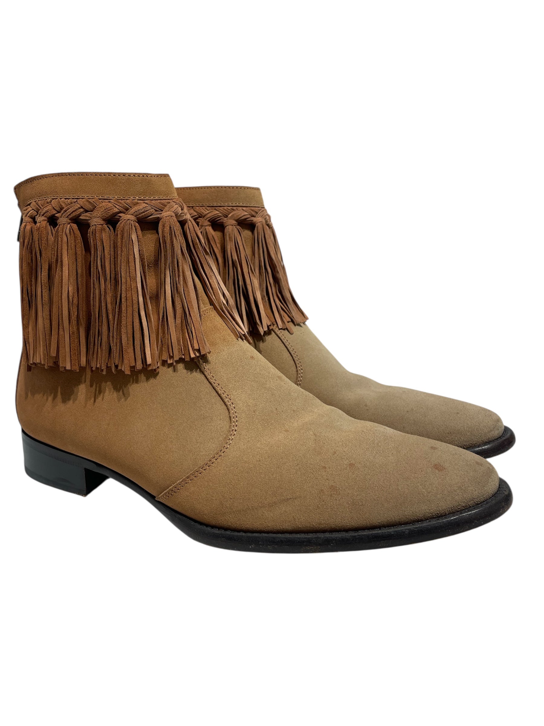 JIMMY CHOO/Cowboy Boots/US 10.5/Plaid/Suede/CML/suede fringe trim ankle boot view 1