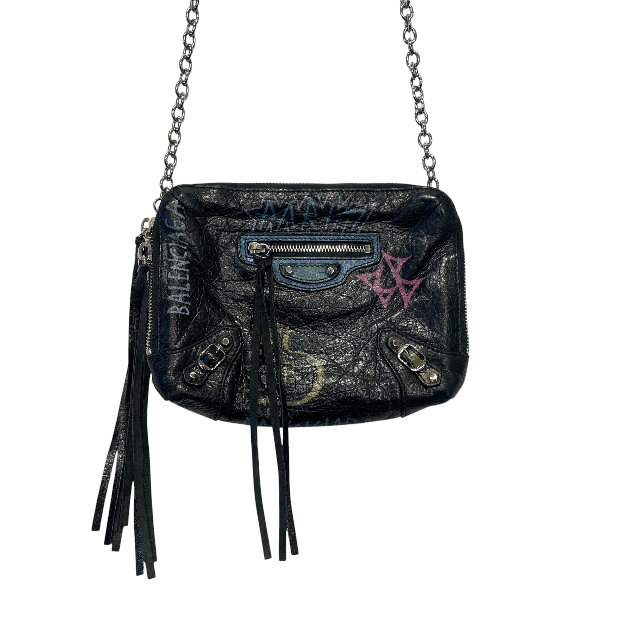 BALENCIAGA/Cross Body Bag/Graphic/Leather/BLK/CLASSIC REPORTER/GRAFFITI view 2