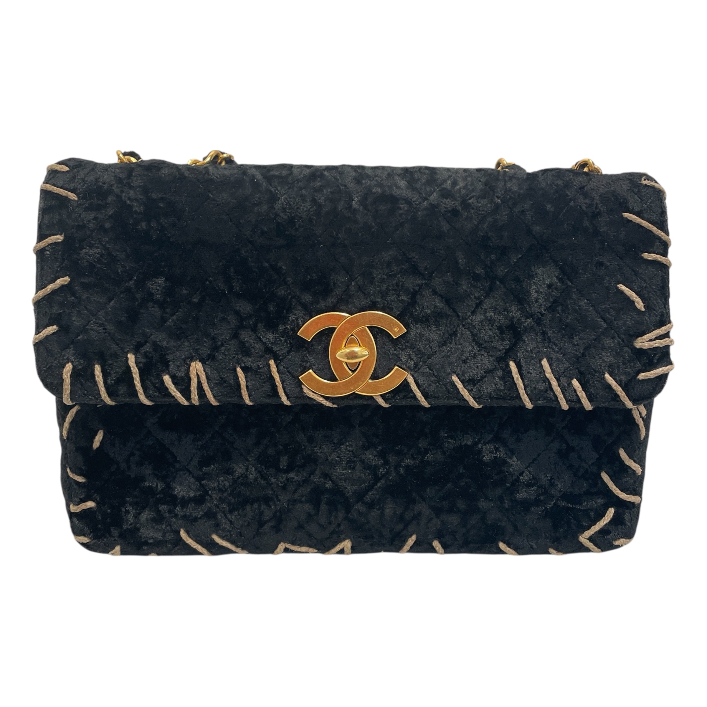 CHANEL/Cross Body Bag/Velour/BLK/vintage whip stitch view 1