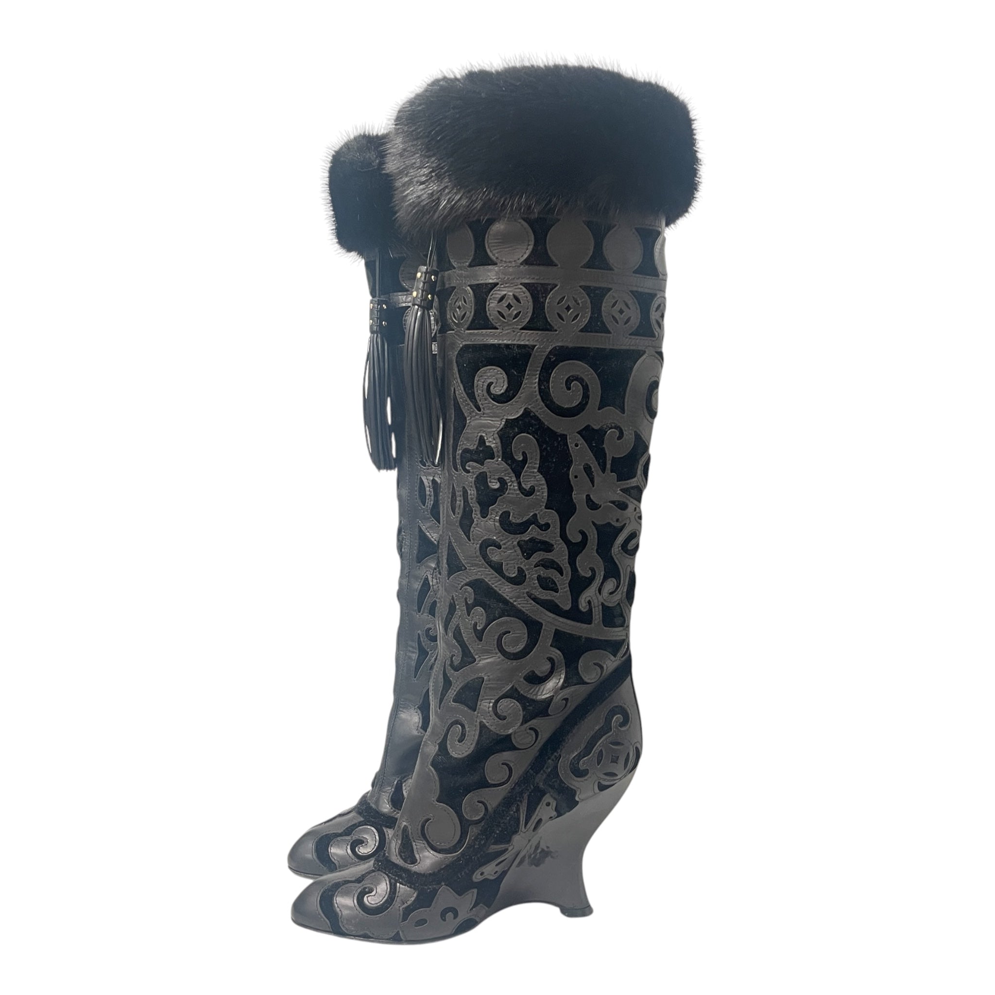 YVES SAINT LAURENT/Long Boots/EU 35.5/BLK/FUR TRIM PATTERNED WEDGE BOOT view 1