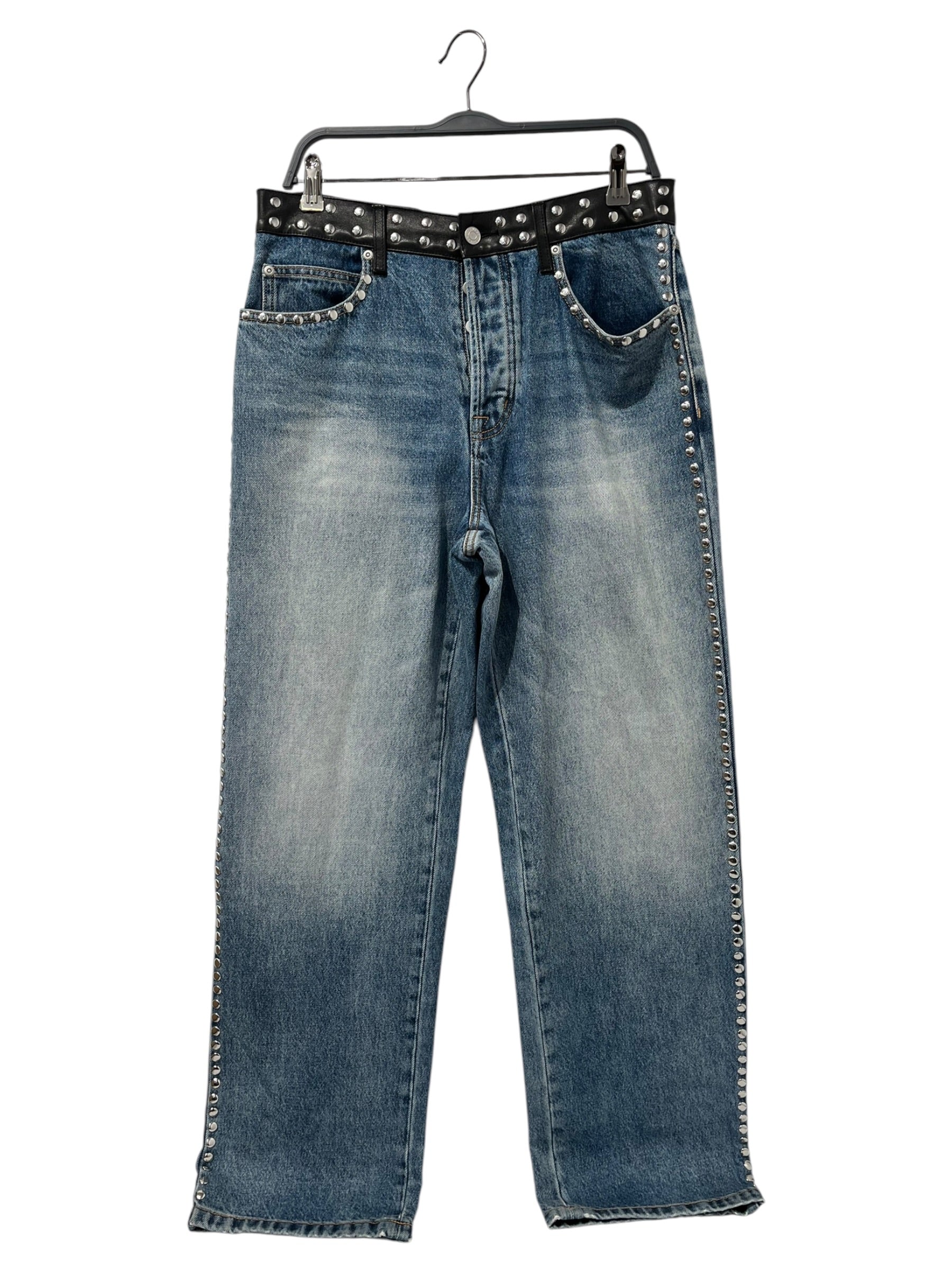 STUSSY/WALES BONNER/Straight Pants/32/Denim/BLU/Button Fly/studded/ leather waistband view 1