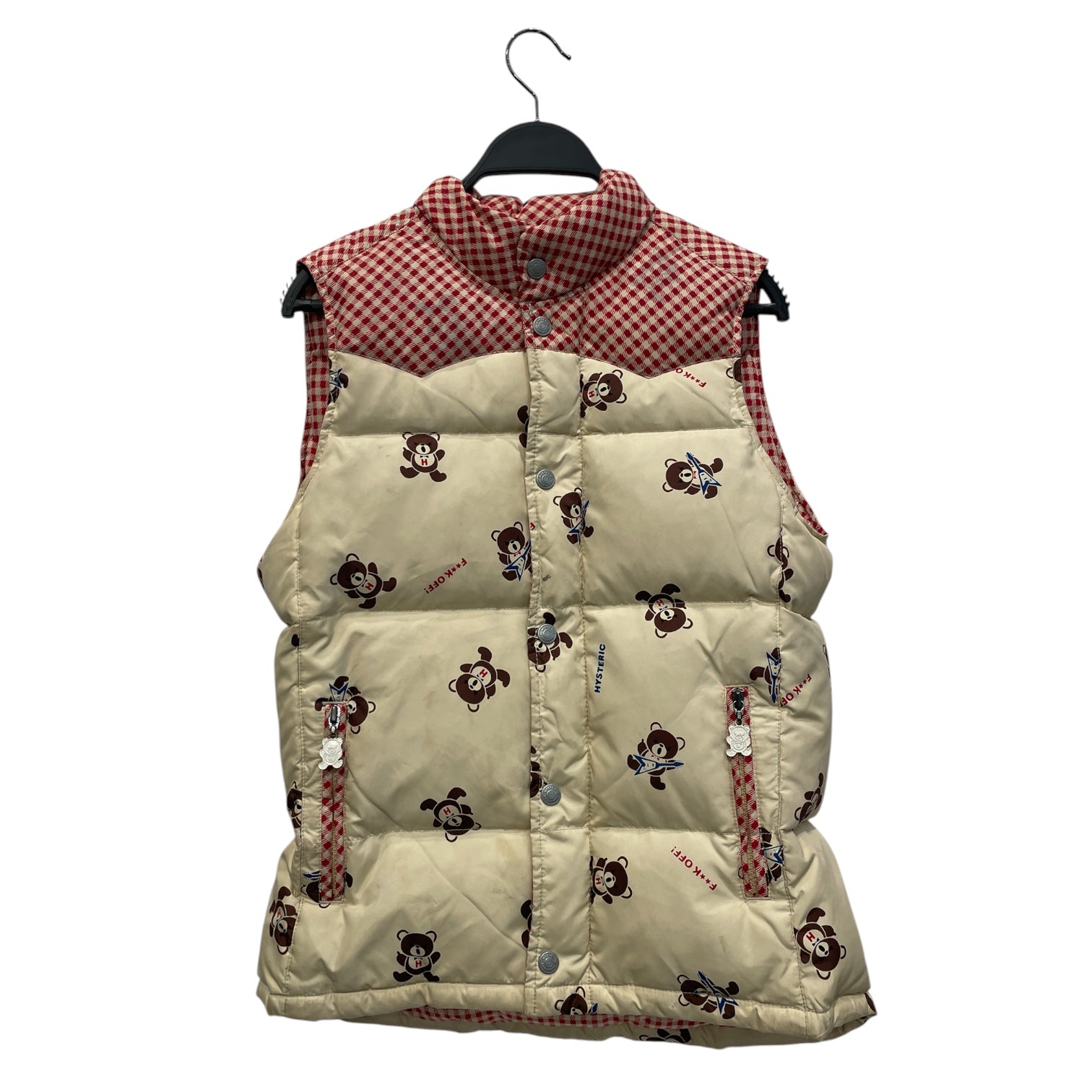 HYSTERIC GLAMOUR/Puffer Vest/All Over Print/Nylon/CRM/rockstar teddy bear gingham view 1