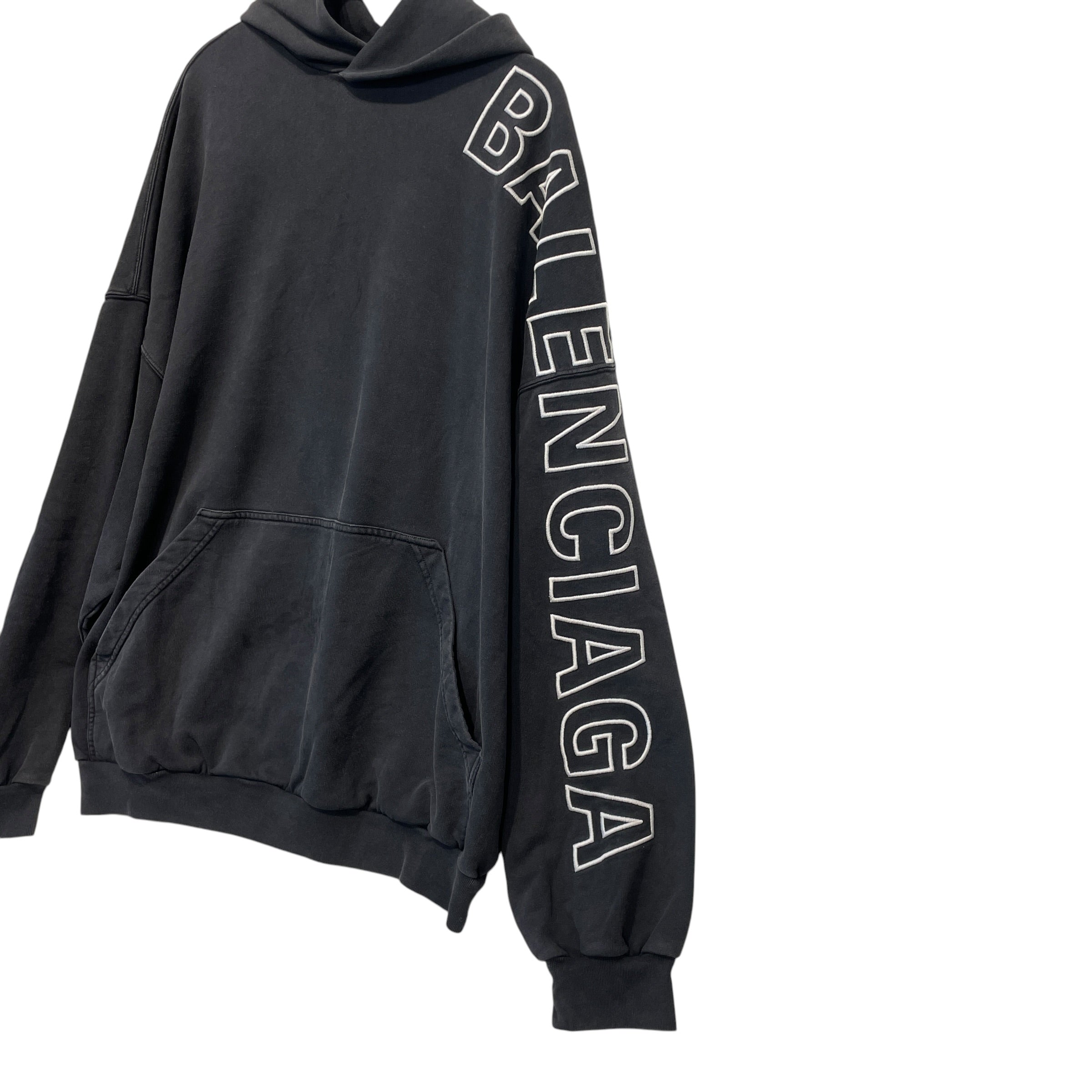 BALENCIAGA/Hoodie/3/Cotton/BLK/white logo embroider on sleeve view 3