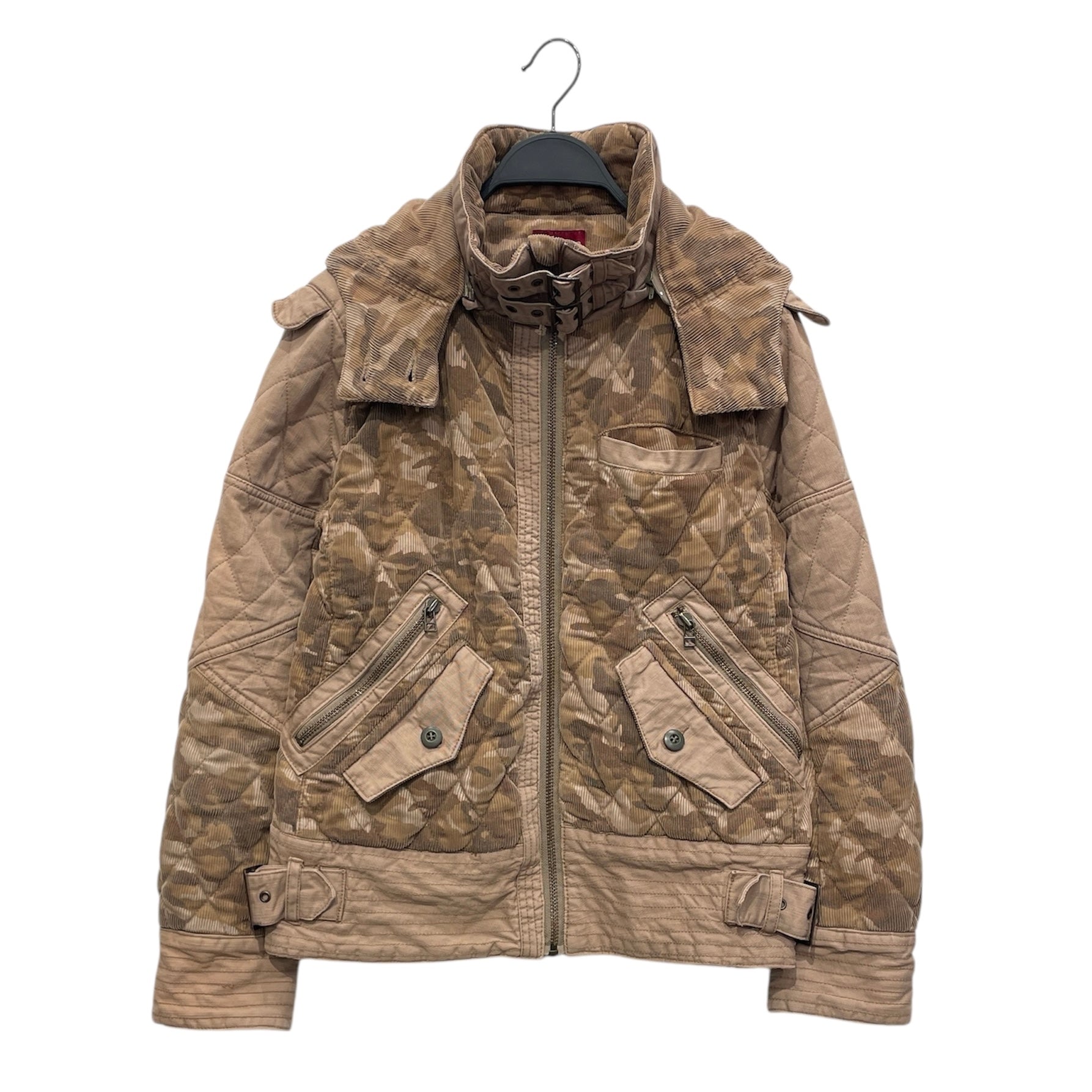 AVIREX/Puffer Jkt/S/Corduroy/KHK/Camouflage/hooded/buckles on neck view 1