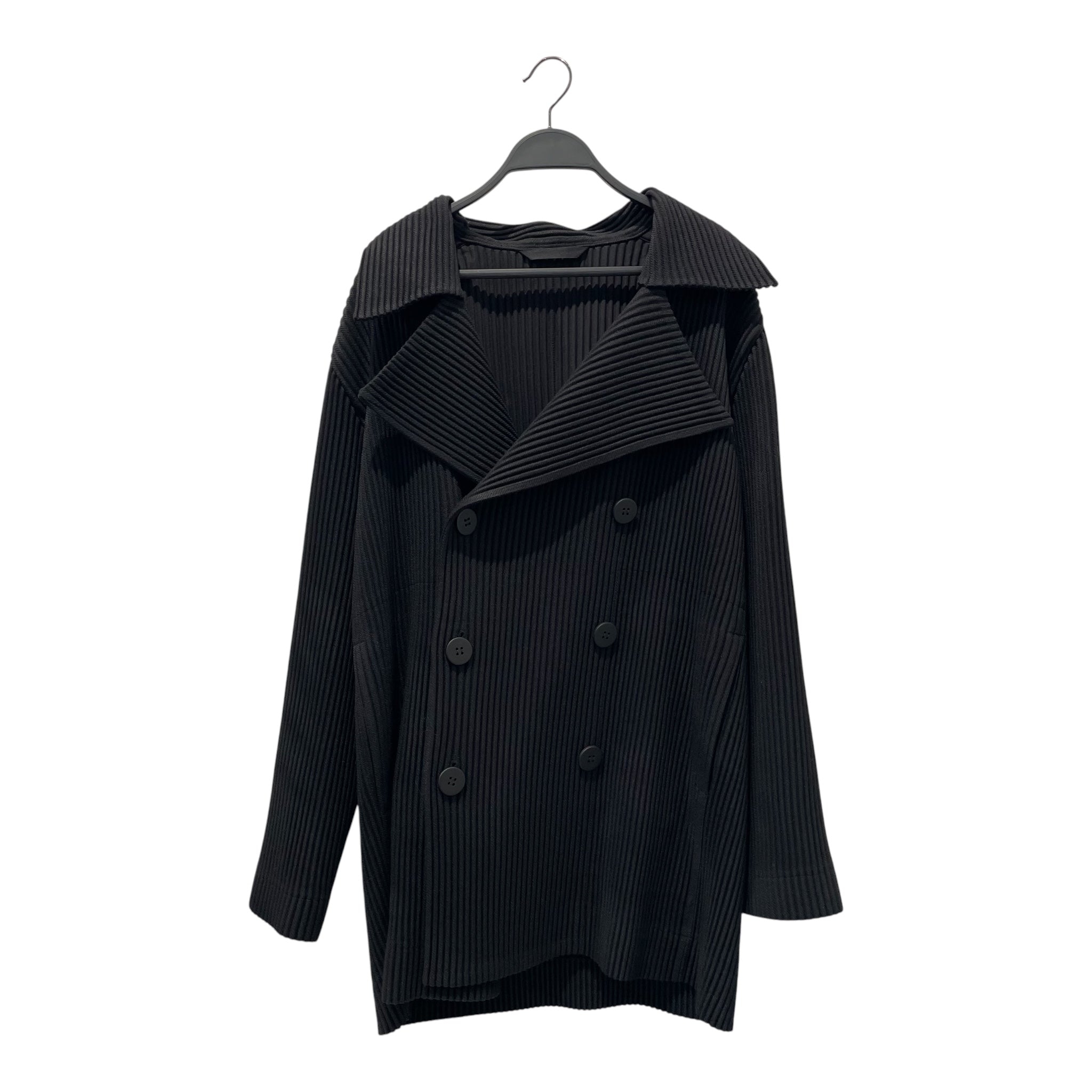 HOMME PLISSE ISSEY MIYAKE/Coat/2/Polyester/BLK/RIBBED DOUBLE BREASTED COAT view 1