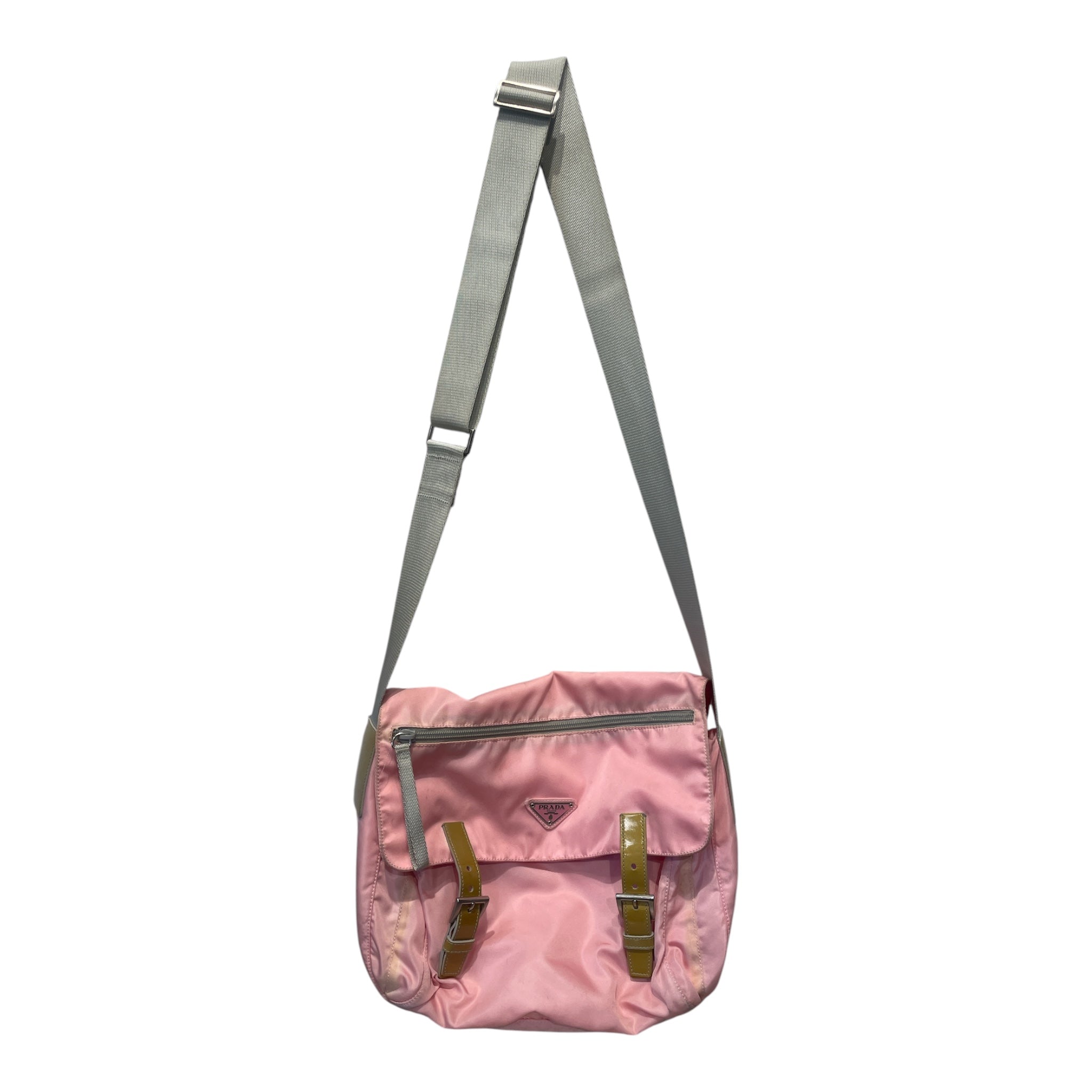 PRADA/Cross Body Bag/Nylon/PNK/Enamel logo front / gold strap view 1