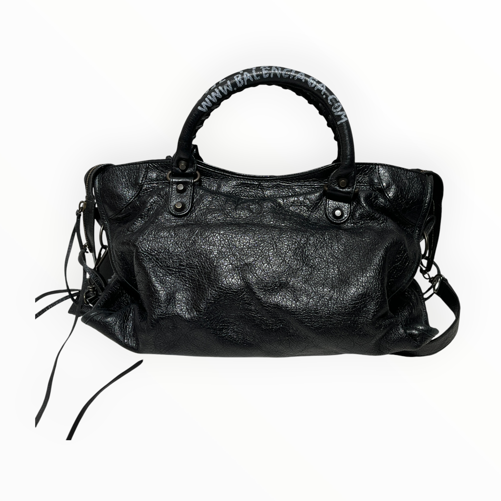 BALENCIAGA/Cross Body Bag/Leather/BLK/CUSTOM HANDLE WRITING view 2