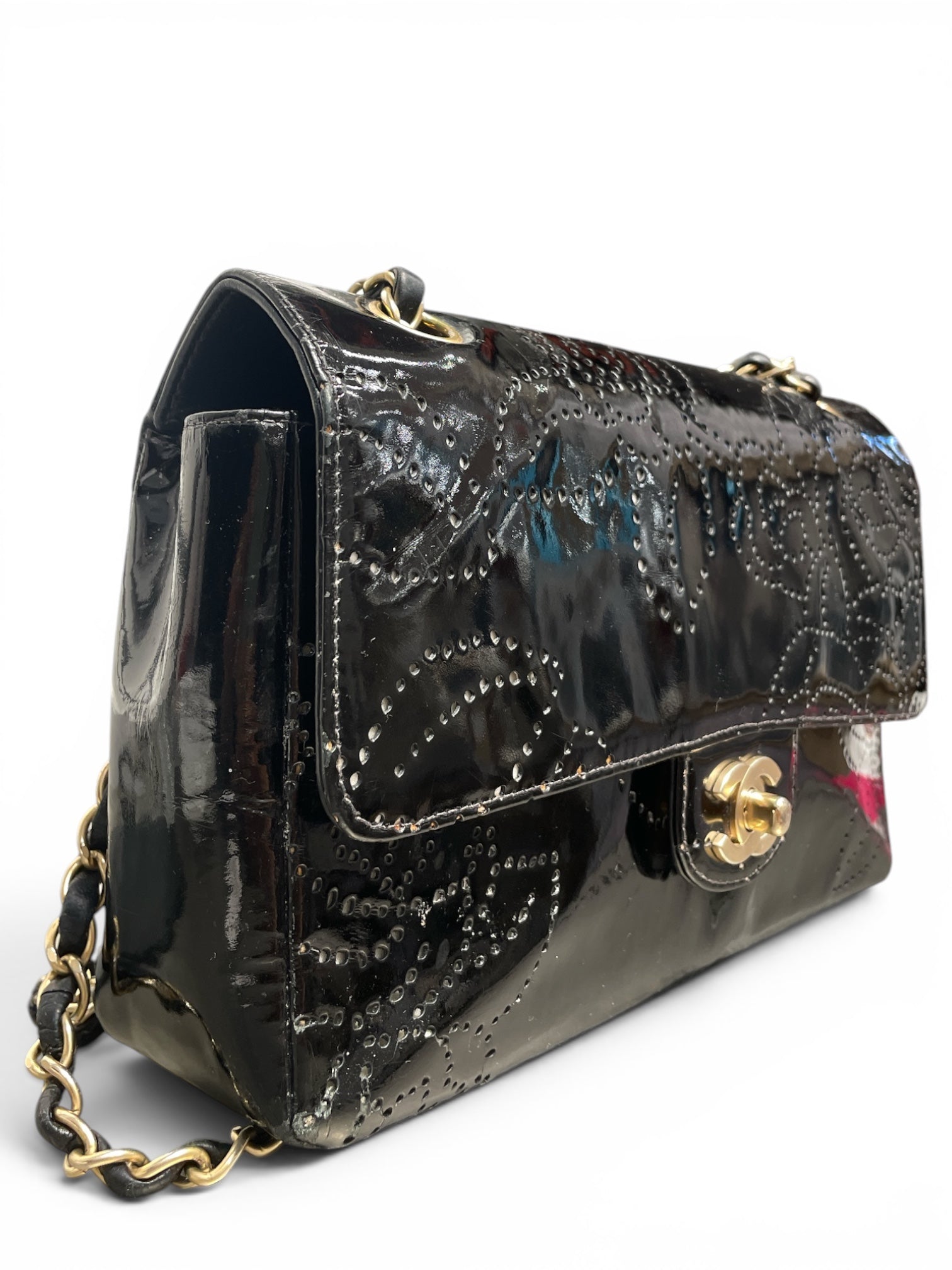 CHANEL/Hand Bag/Floral Pattern/Leather/BLK/Camellia Flap view 6