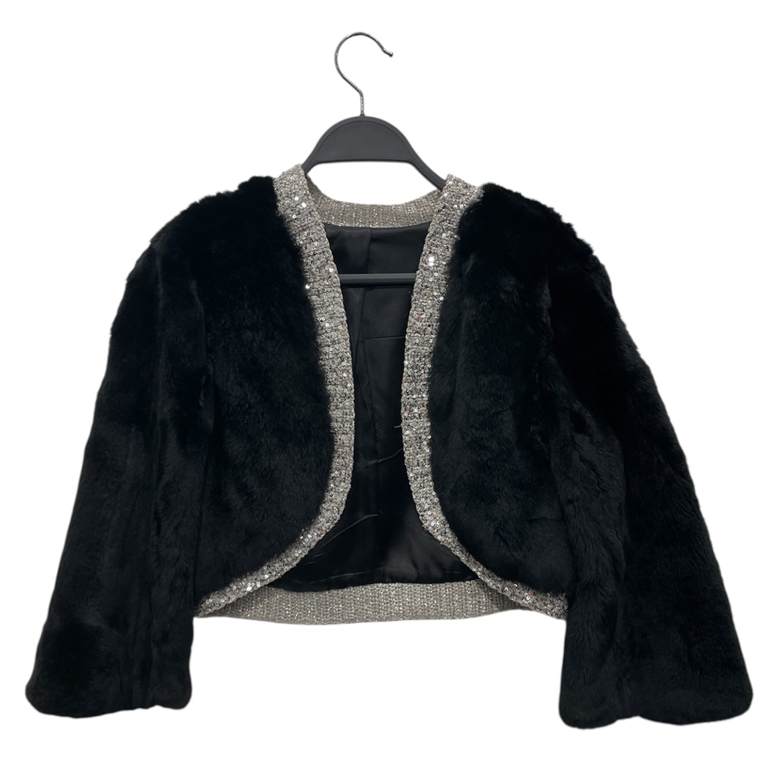IISLI/Coat/Fur/BLK/SEQUIN BORDER CROP SLEEVE FUR view 1