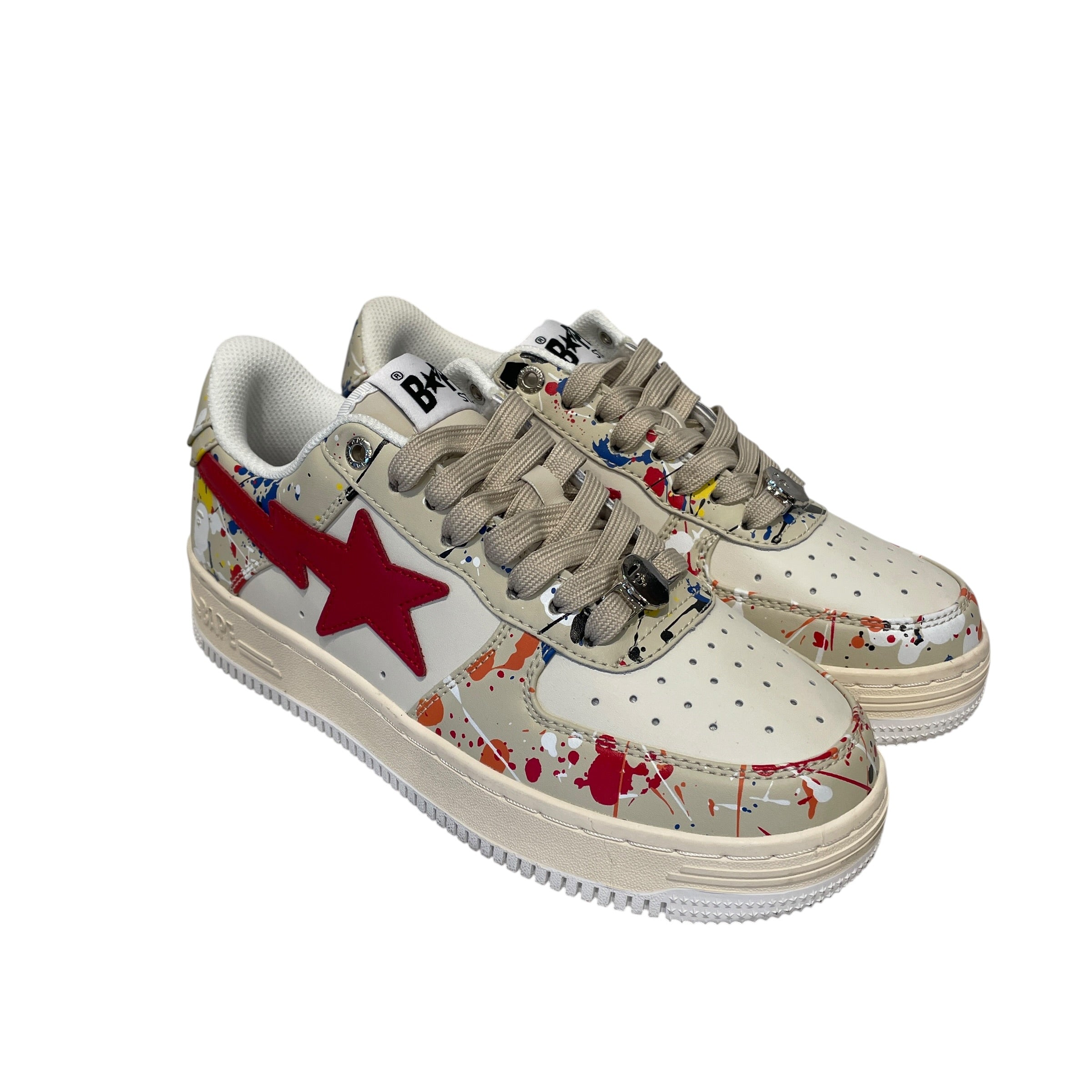 BAPE STA!/Low-Sneakers/US 6.5/All Over Print/Leather/BEG/PAINTSPLATTER view 1