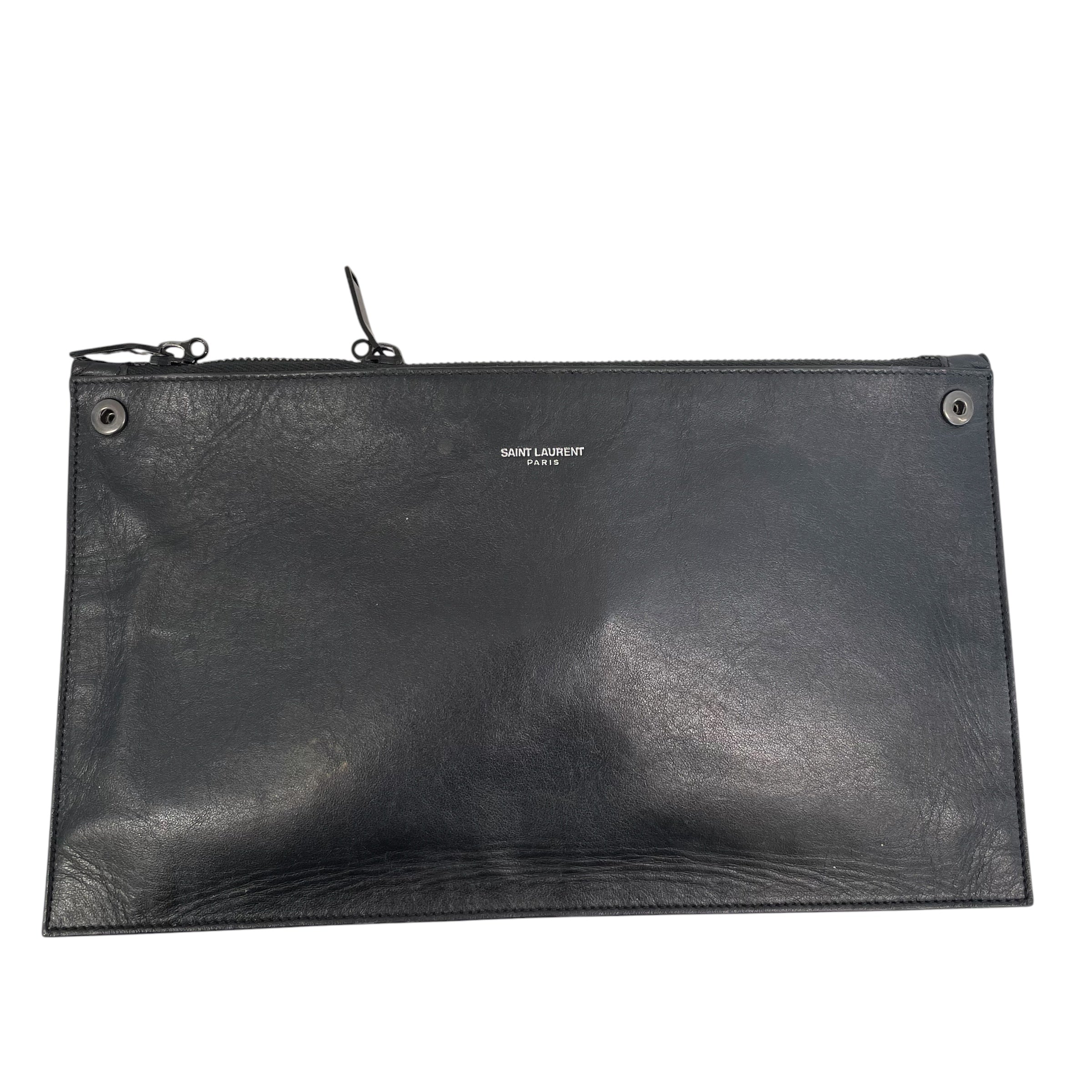 SAINT LAURENT/Clutch Bag/Leather/BLK/portfolio/button corner view 1