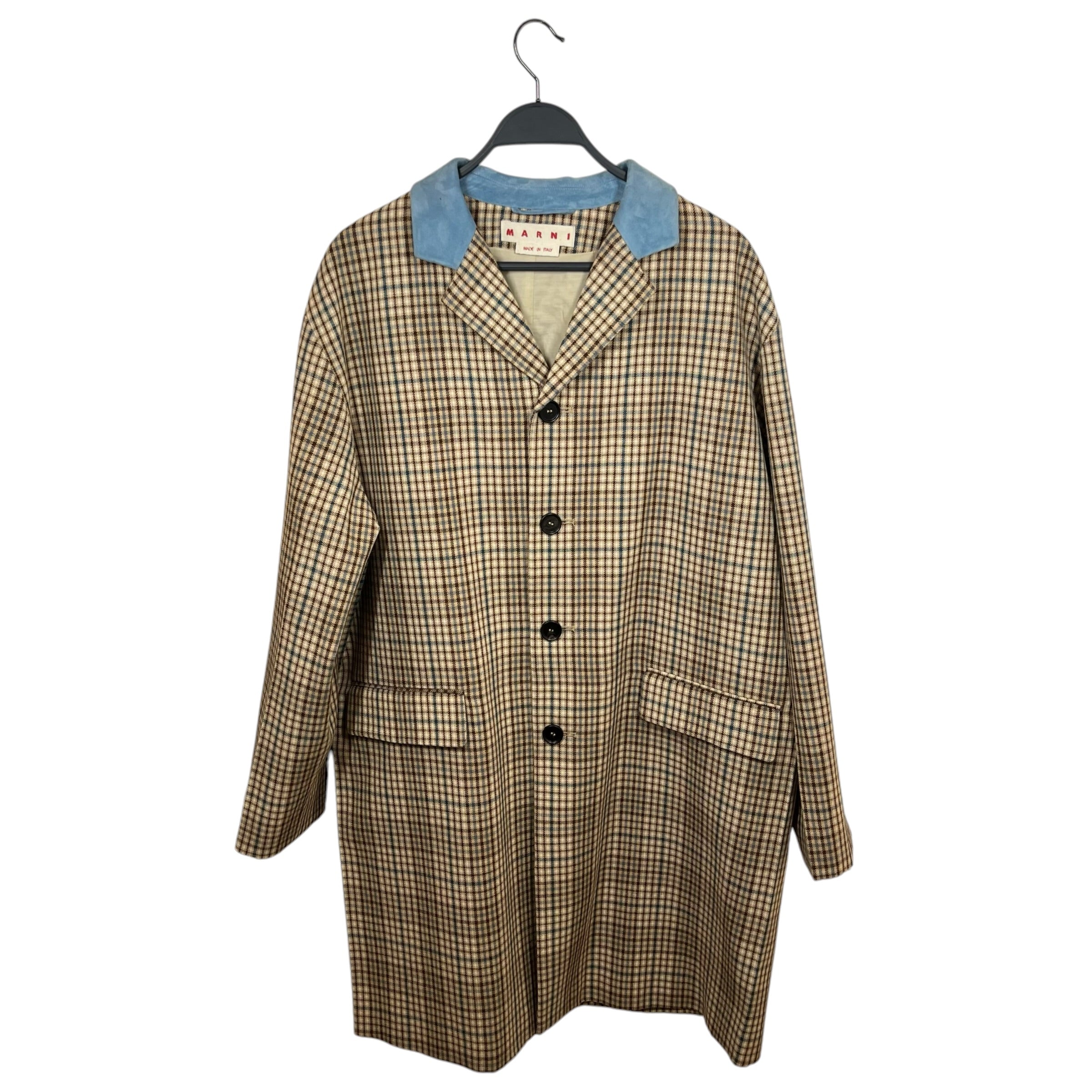 MARNI/Coat/46/Plaid/Wool/KHK/Single Breasted/Plaid Blue Suede Collar view 1