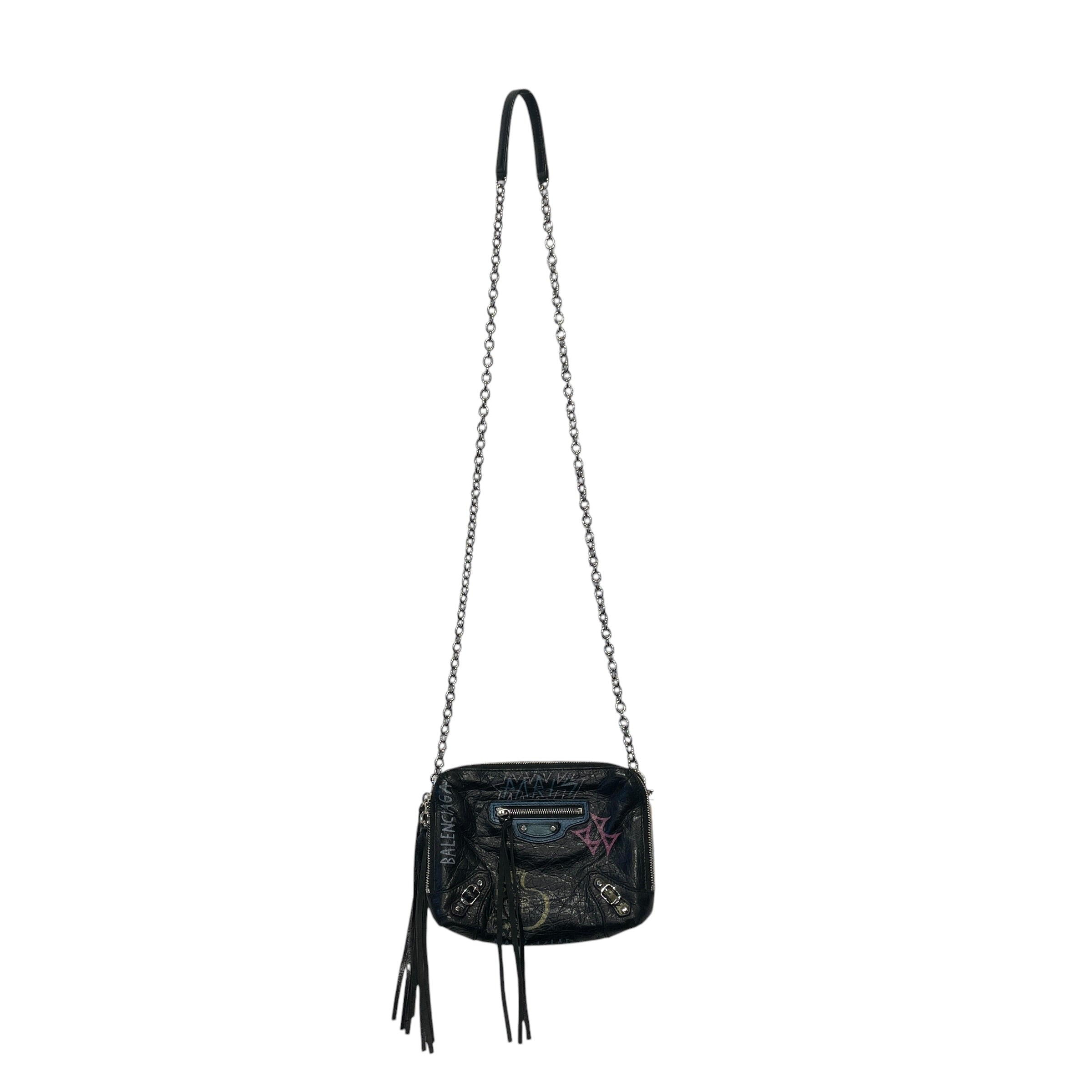 BALENCIAGA/Cross Body Bag/Graphic/Leather/BLK/CLASSIC REPORTER/GRAFFITI view 1