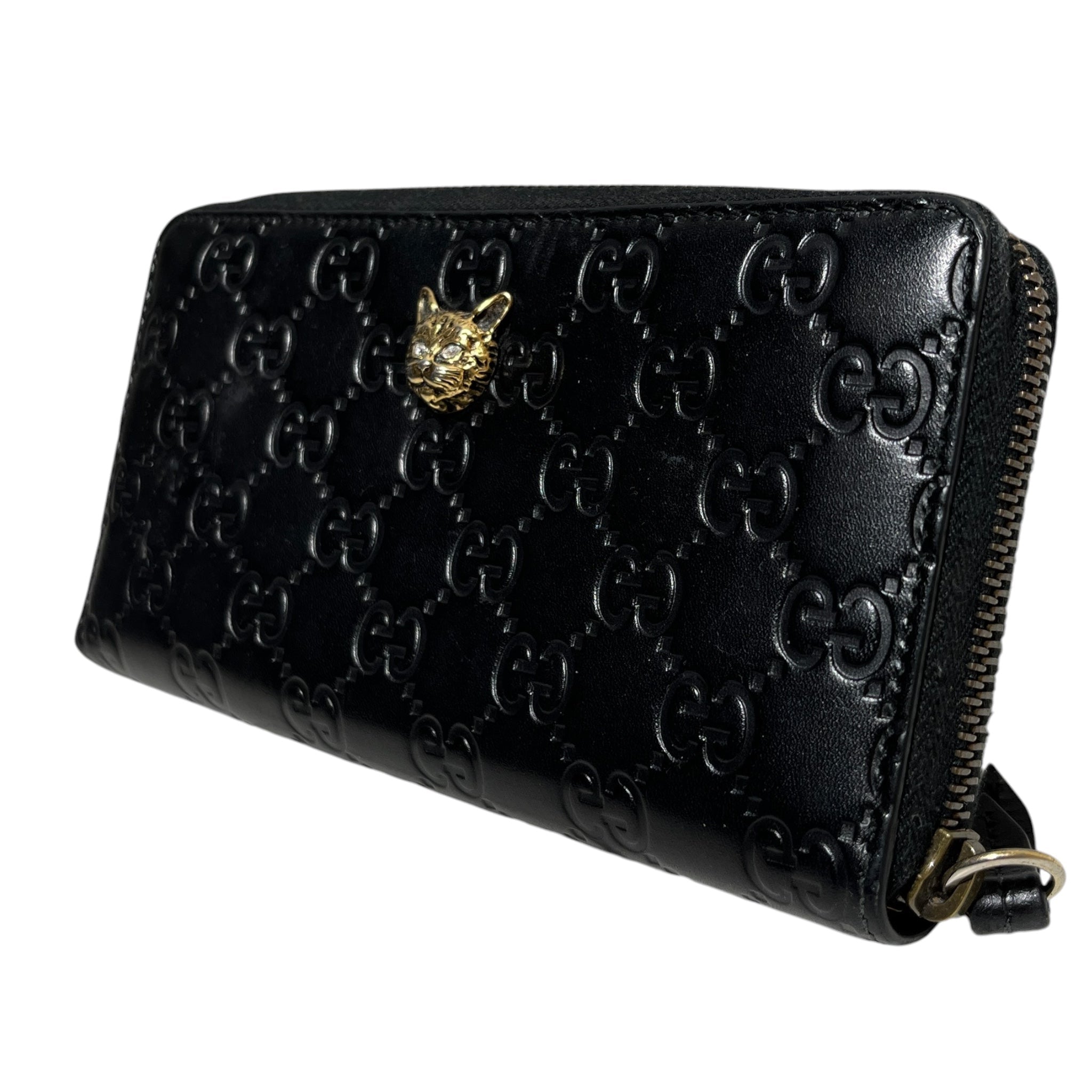 GUCCI/Trifold Wallet/Monogram/Leather/BLK/Gold Cat Hardwear view 1
