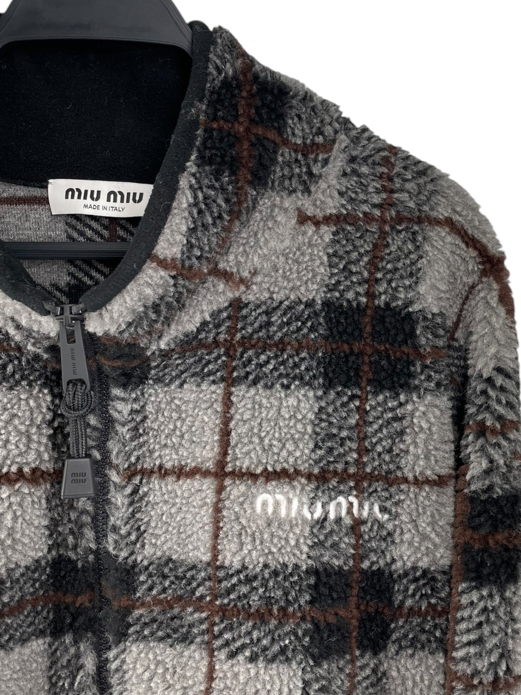MIU MIU/Fleece Jkt/L/Polyester/GRY/Plaid/PLAID BROWN GREY CHECK FLEECE view 3