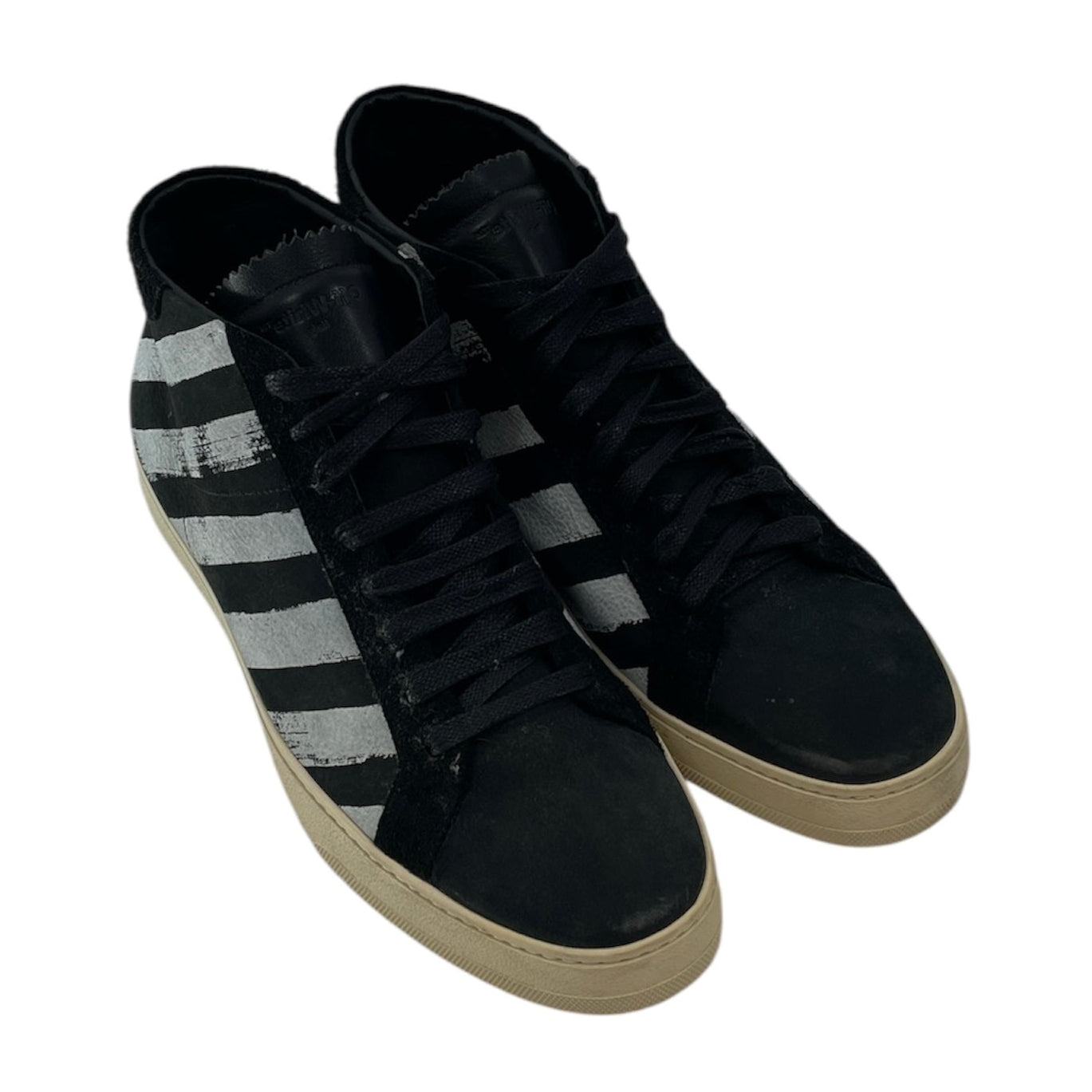 OFF-WHITE/Hi-Sneakers/US 12/Stripe/Leather/BLK/BLK W WHITE DISTRESSED STRIPES view 1
