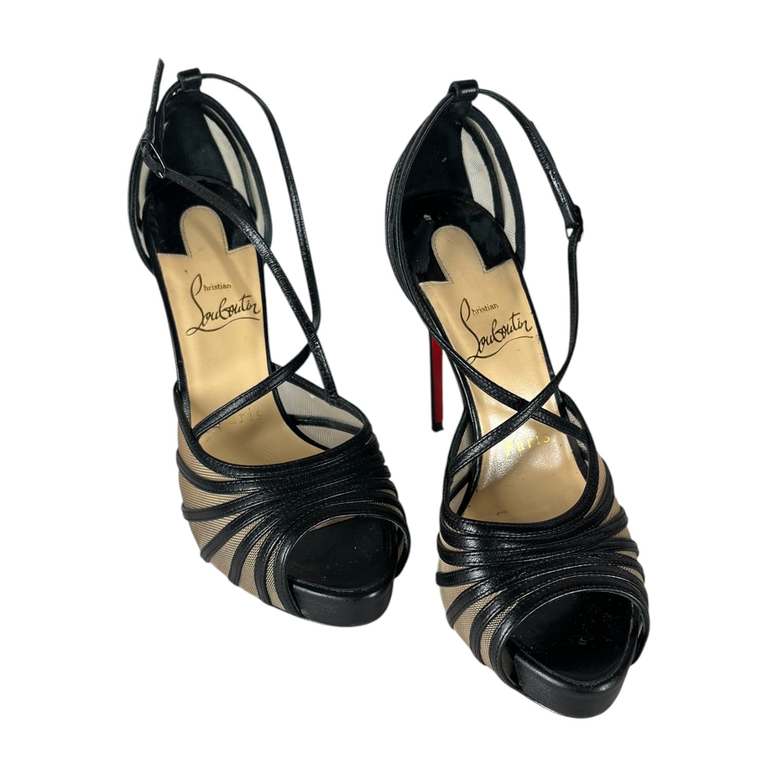 Christian Louboutin/Heels/EU 35/Leather/BLK/LACE PATTERN T-STRAP view 1
