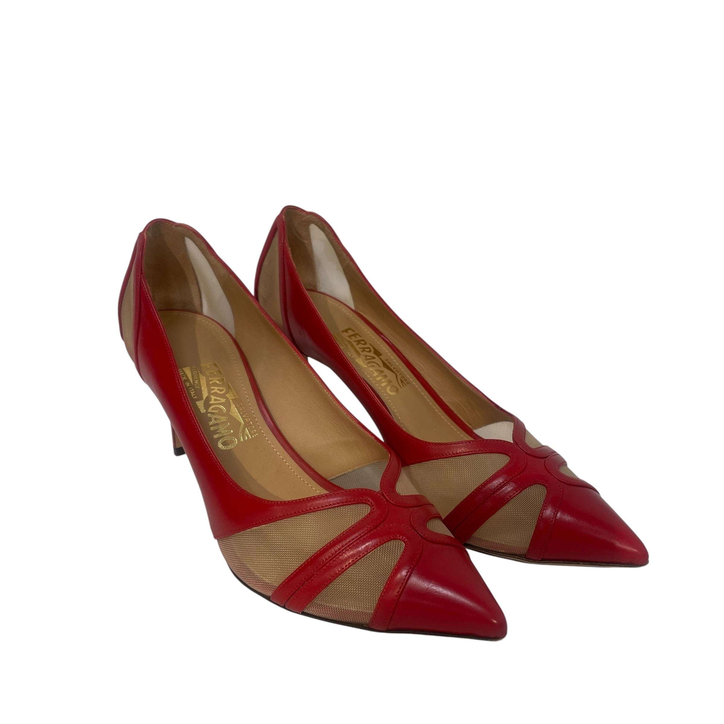 Salvatore Ferragamo/Heels/US 8.5/Leather/RED/Mesh Slingback view 1