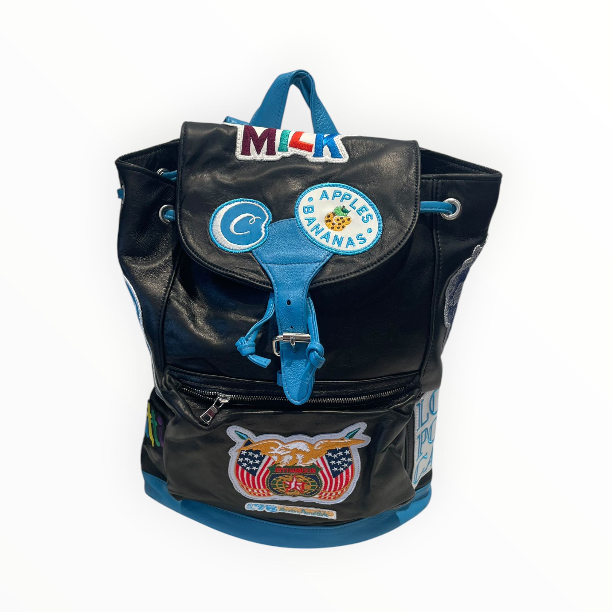 CookiesXJeff Hamilton /Backpack/Graphic/Leather/BLK/patch work with blue trim view 1