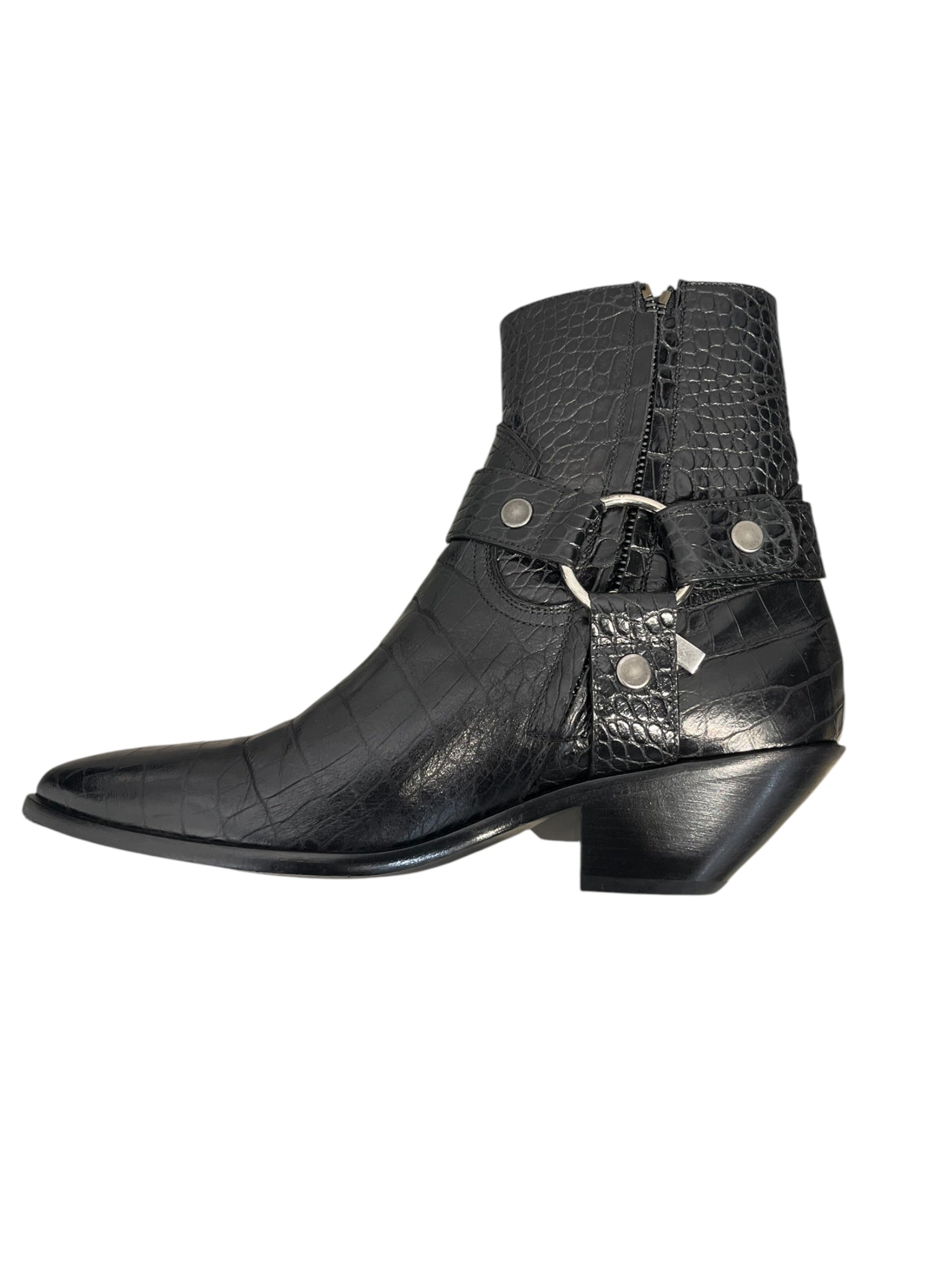 SAINT LAURENT/Ankle Boots/EU 37.5/Leather/BLK/WYATT CROC-EMBOSSED HARNESS view 3