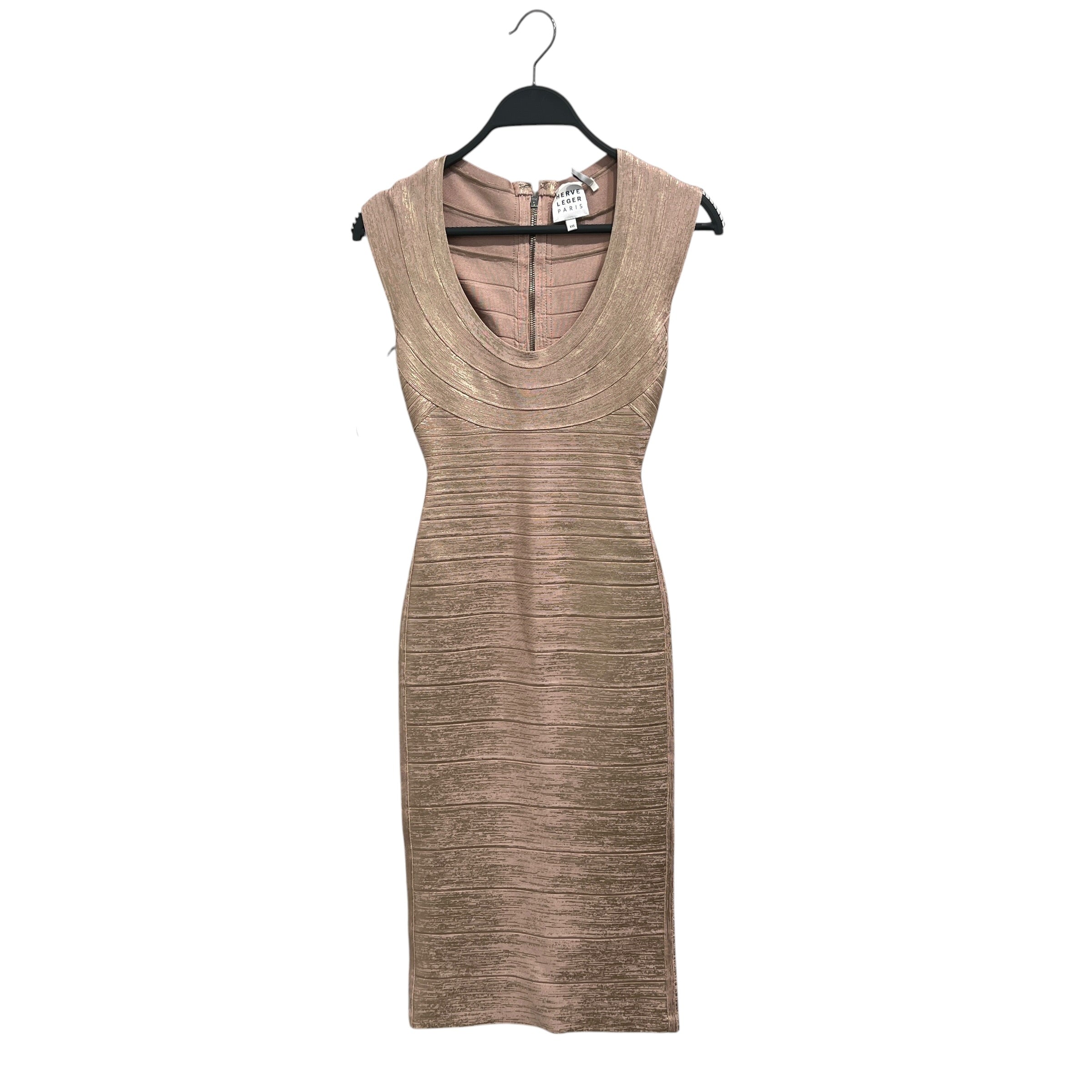 Herve Leger/SL Dress/XXS/Rayon/GLD/Midi Length/Pink/Gold Metallic Scoop Neck view 1
