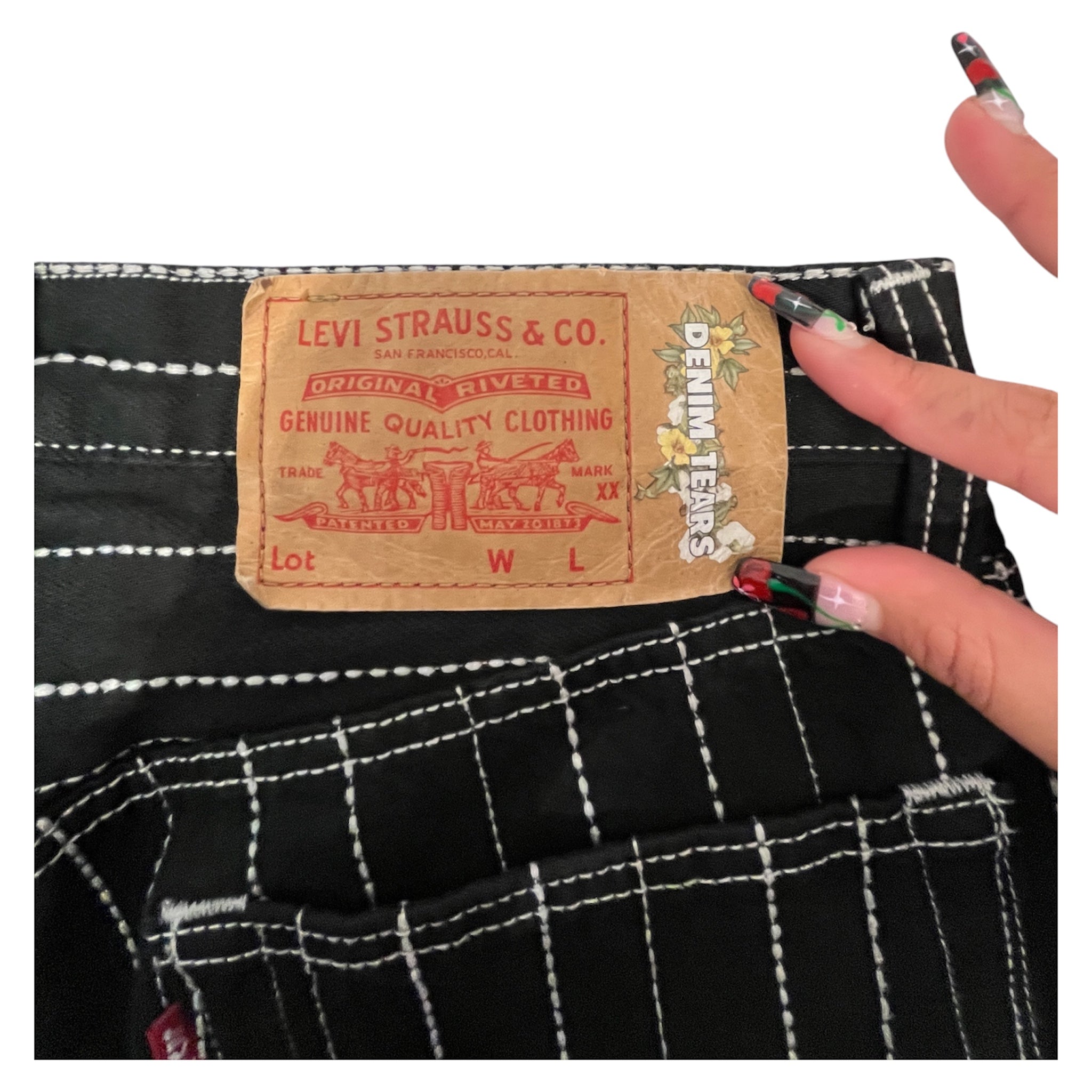 DENIM TEARS/Pants/32/Denim/BLK/Stripe/white stitching/patch on thigh view 4