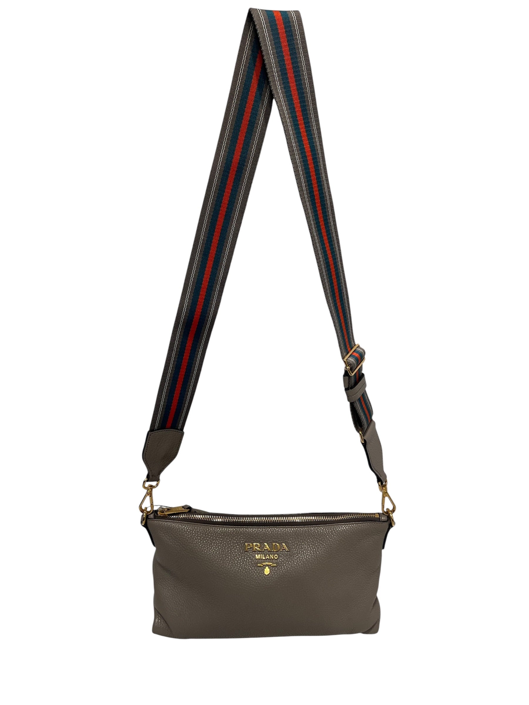 PRADA/Cross Body Bag/Leather/GRY/Pebbled leather cross body view 1