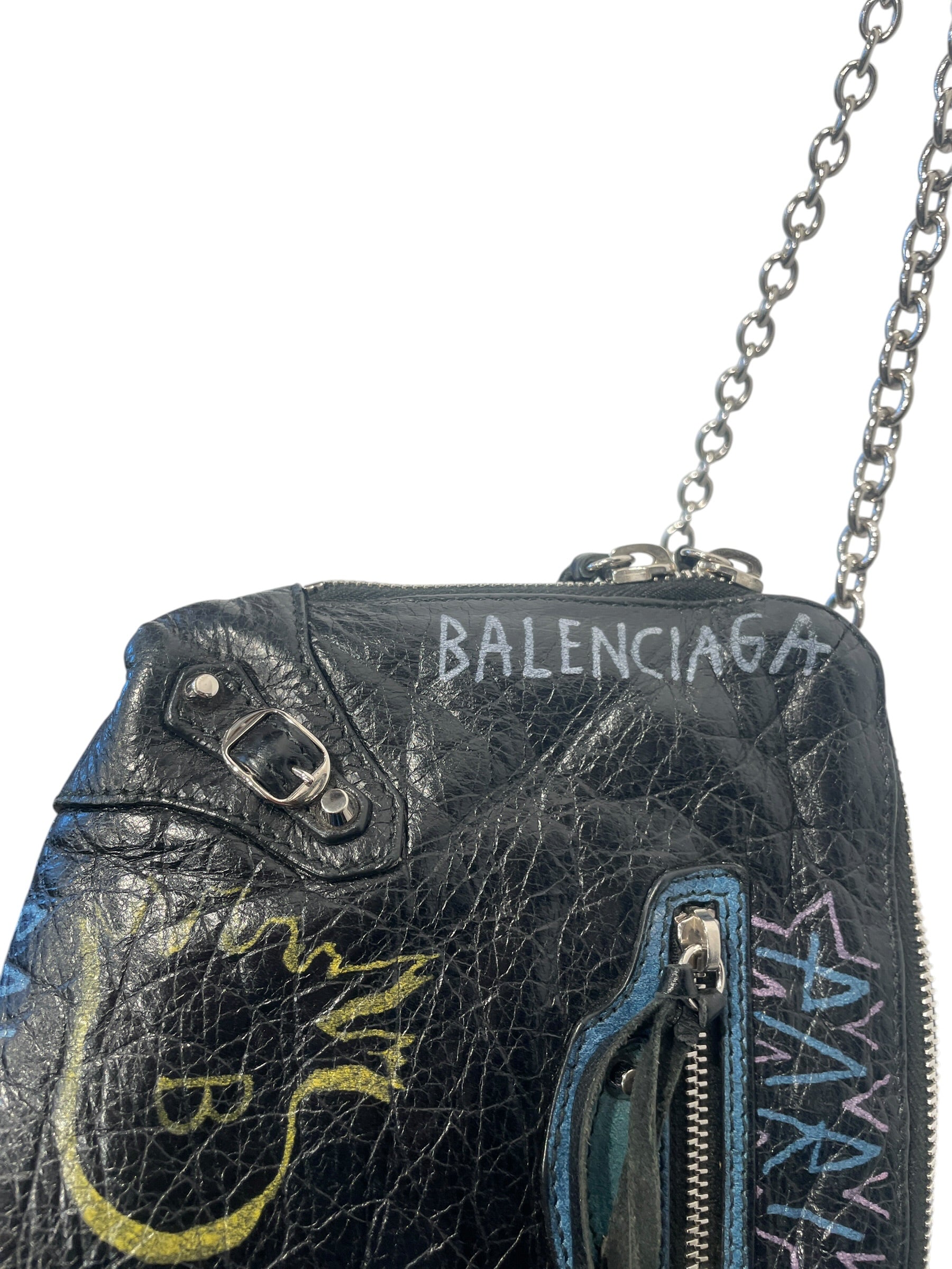 BALENCIAGA/Cross Body Bag/Graphic/Leather/BLK/CLASSIC REPORTER/GRAFFITI view 12