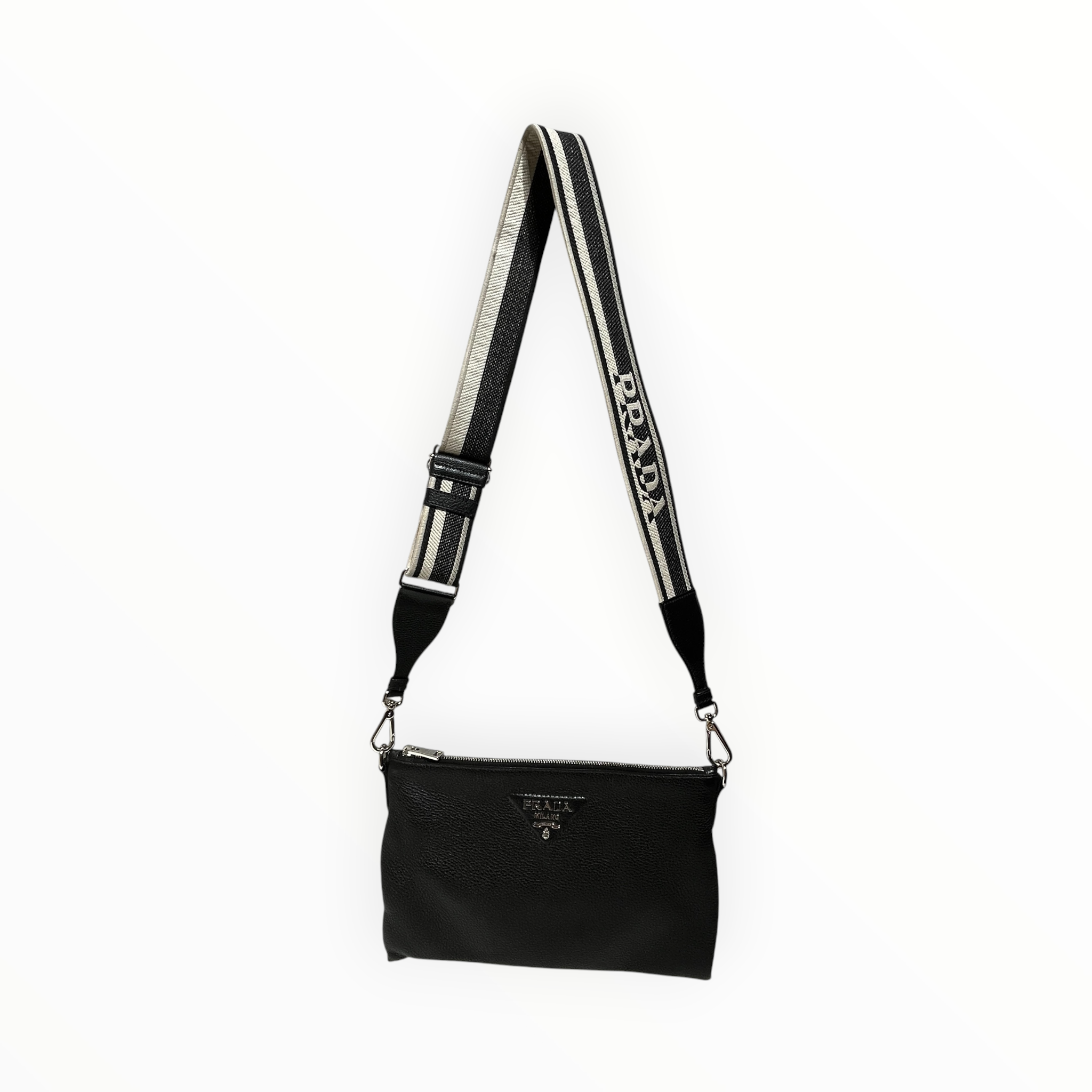 PRADA/Pouch/Leather/BLK/GRAINED LEATHER / STRIPE STRAP view 1