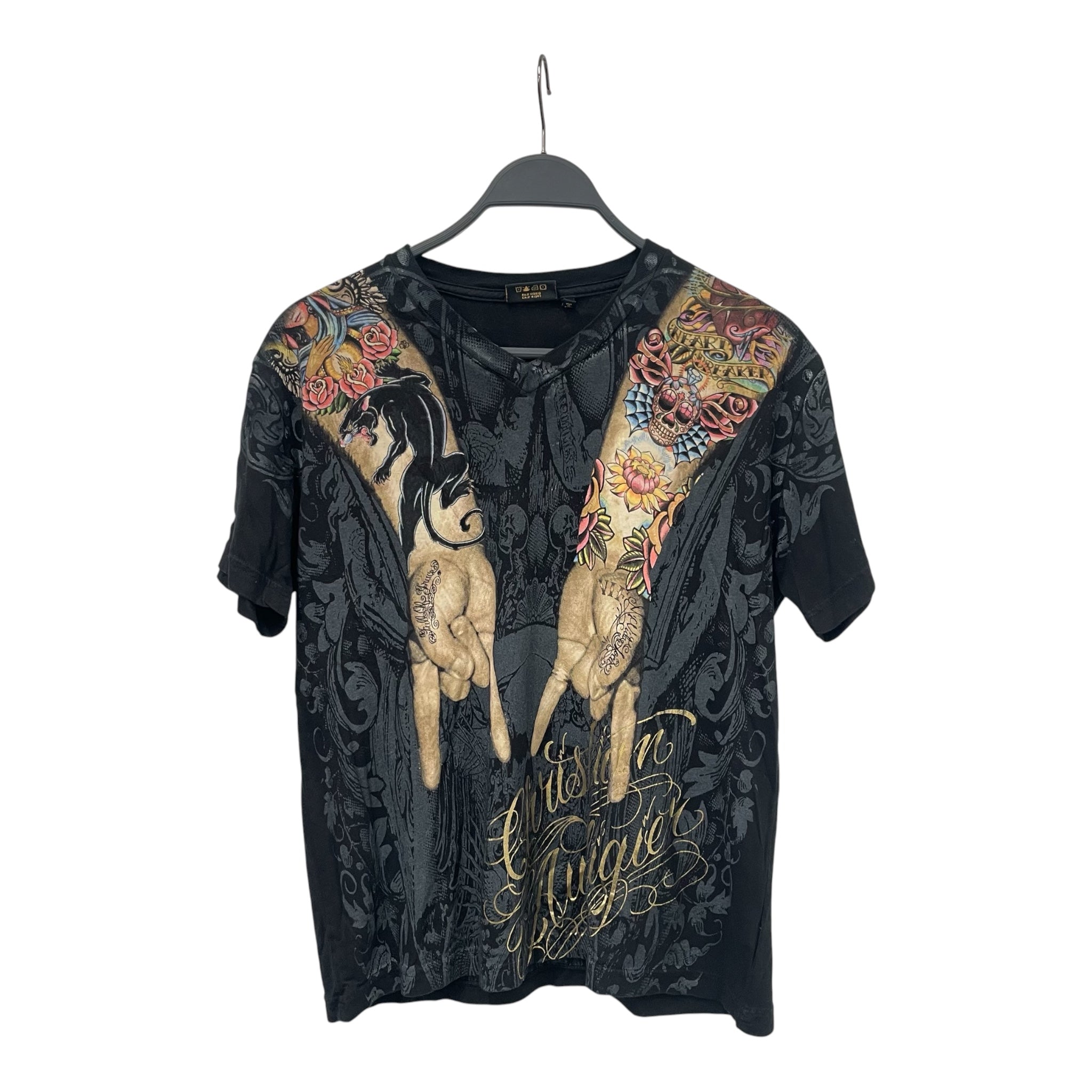 CHRISTIAN AUDIGIER/T-Shirt/S/Cotton/BLK/All Over Print/rock out hands view 1