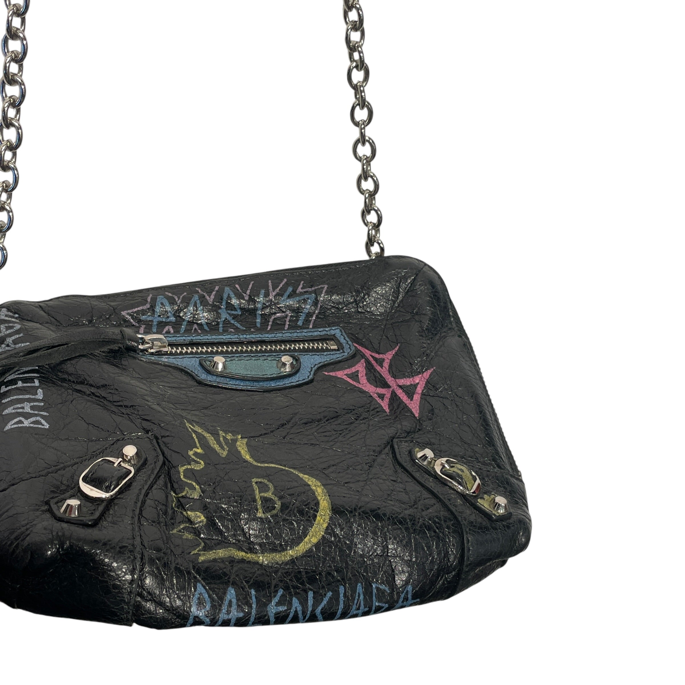 BALENCIAGA/Cross Body Bag/Graphic/Leather/BLK/CLASSIC REPORTER/GRAFFITI view 4