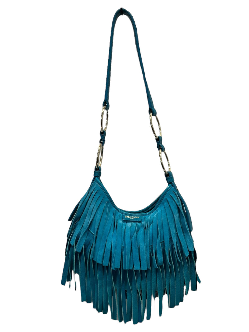 YVES SAINT LAURENT/Hand Bag/S/Suede/BLU/TURQOUIS TASSLE BAG BANGLED