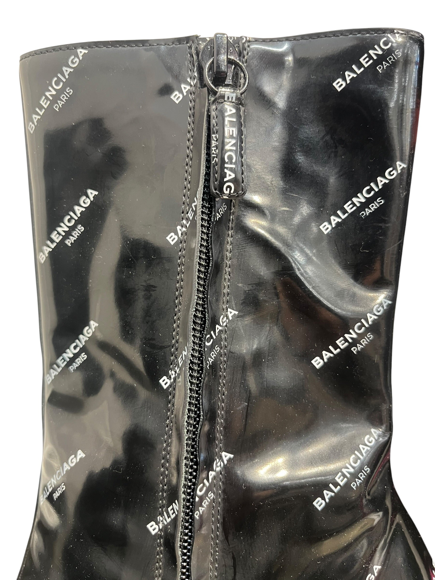 BALENCIAGA/Heels/EU 38/Monogram/Faux Leather/BLK/Patent/white logo zip up boot pointed view 7