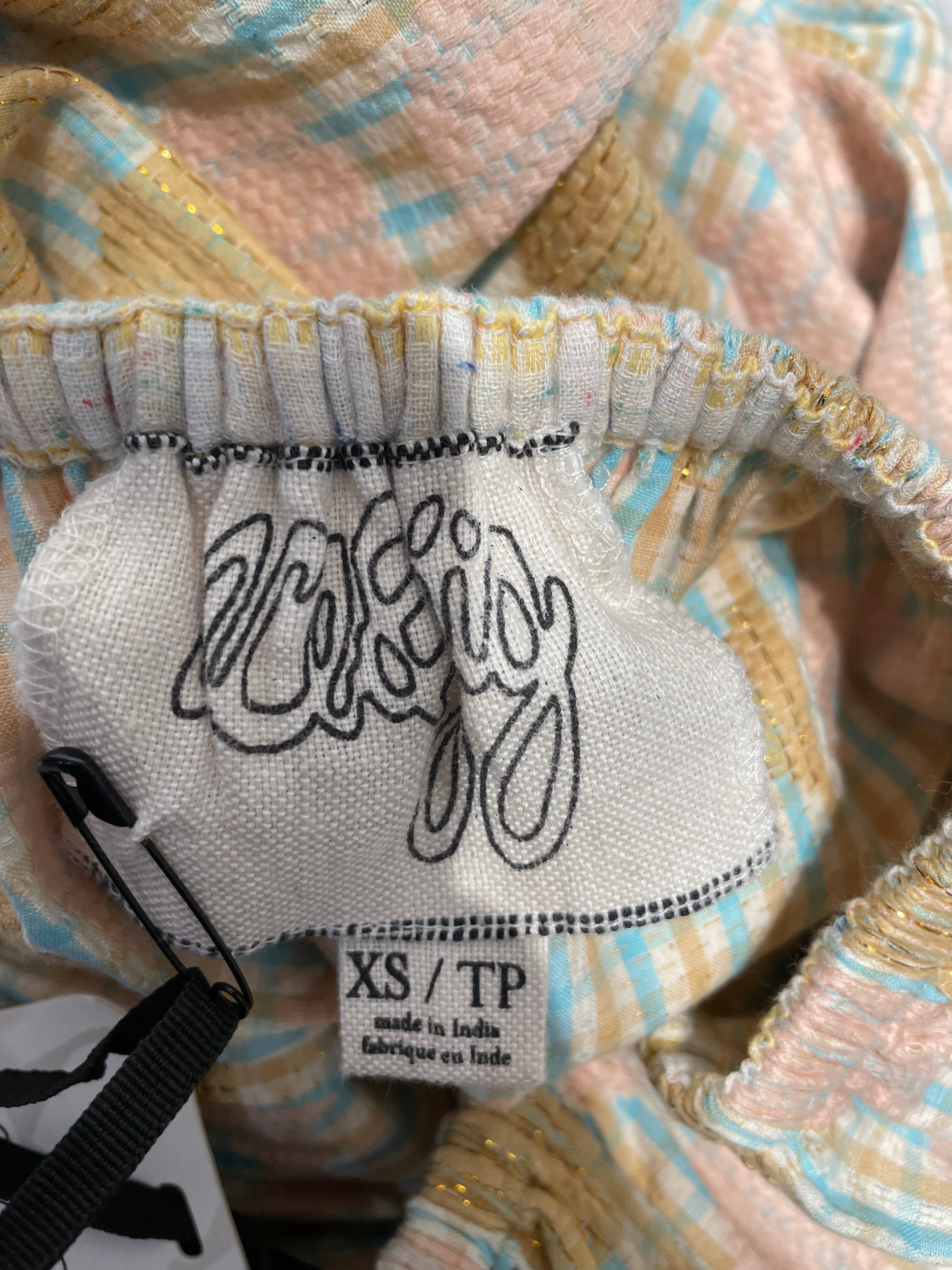 ACEANDING/Dress/XS/All Over Print/Cotton/PNK/PLAID WITH CIRCLE GOLD ACCENT view 3