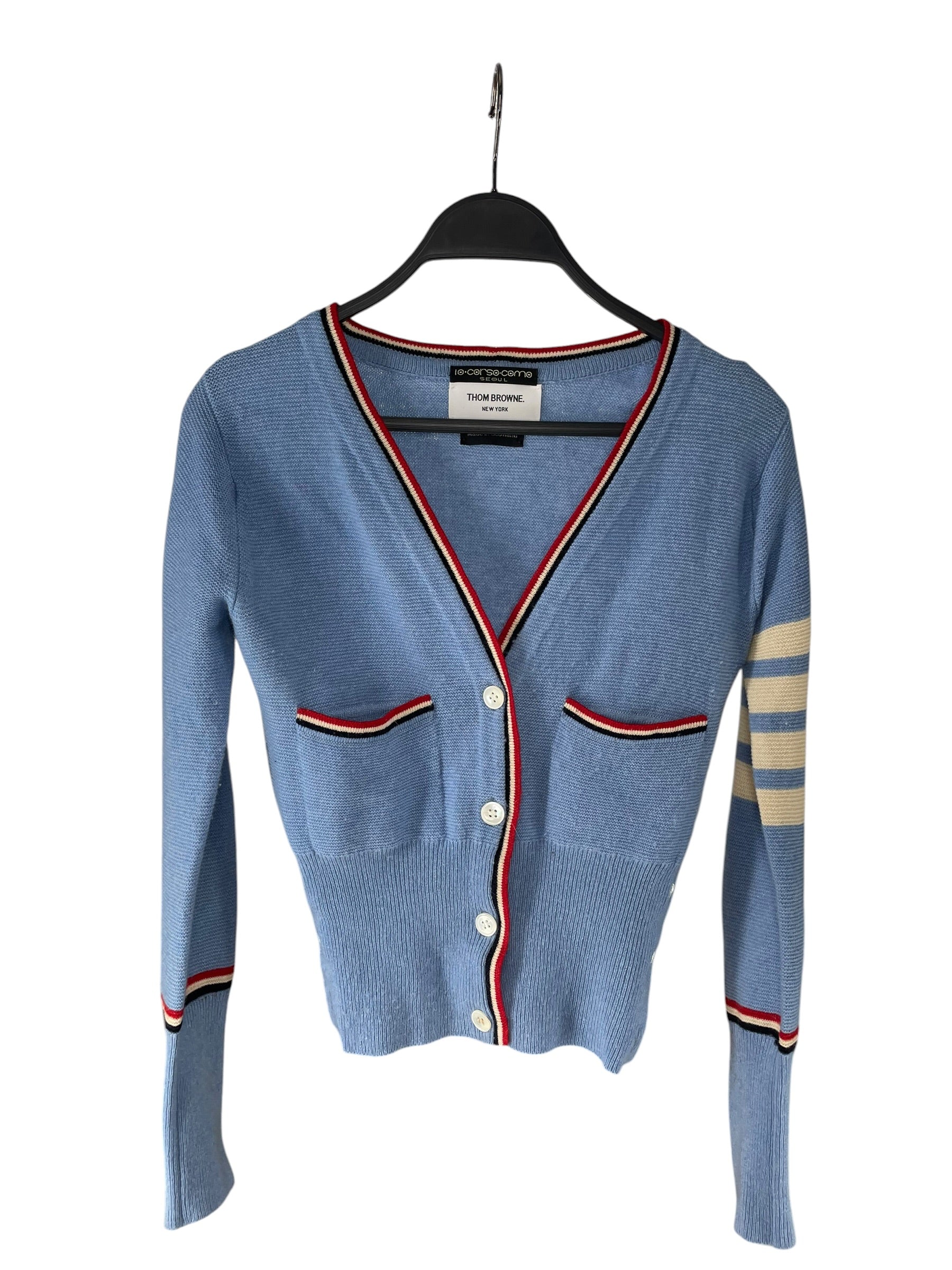 THOM BROWNE. NEW YORK/Cardigan/0/Wool/BLU/CROPPED STRIPE CARDIGAN view 1