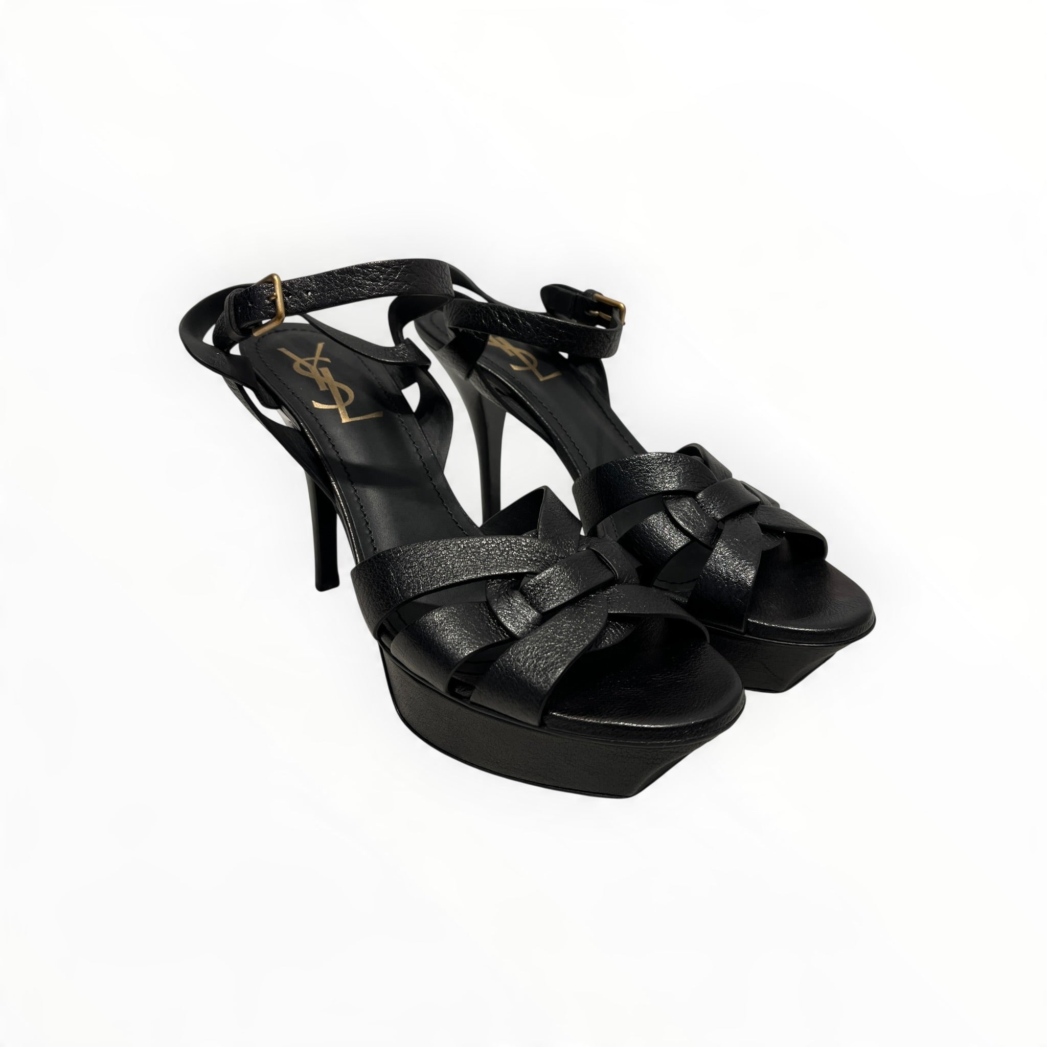 YVES SAINT LAURENT/Heels/EU 37.5/Leather/BLK/Open-Toe/Tribute Platform Sandal Gold view 1