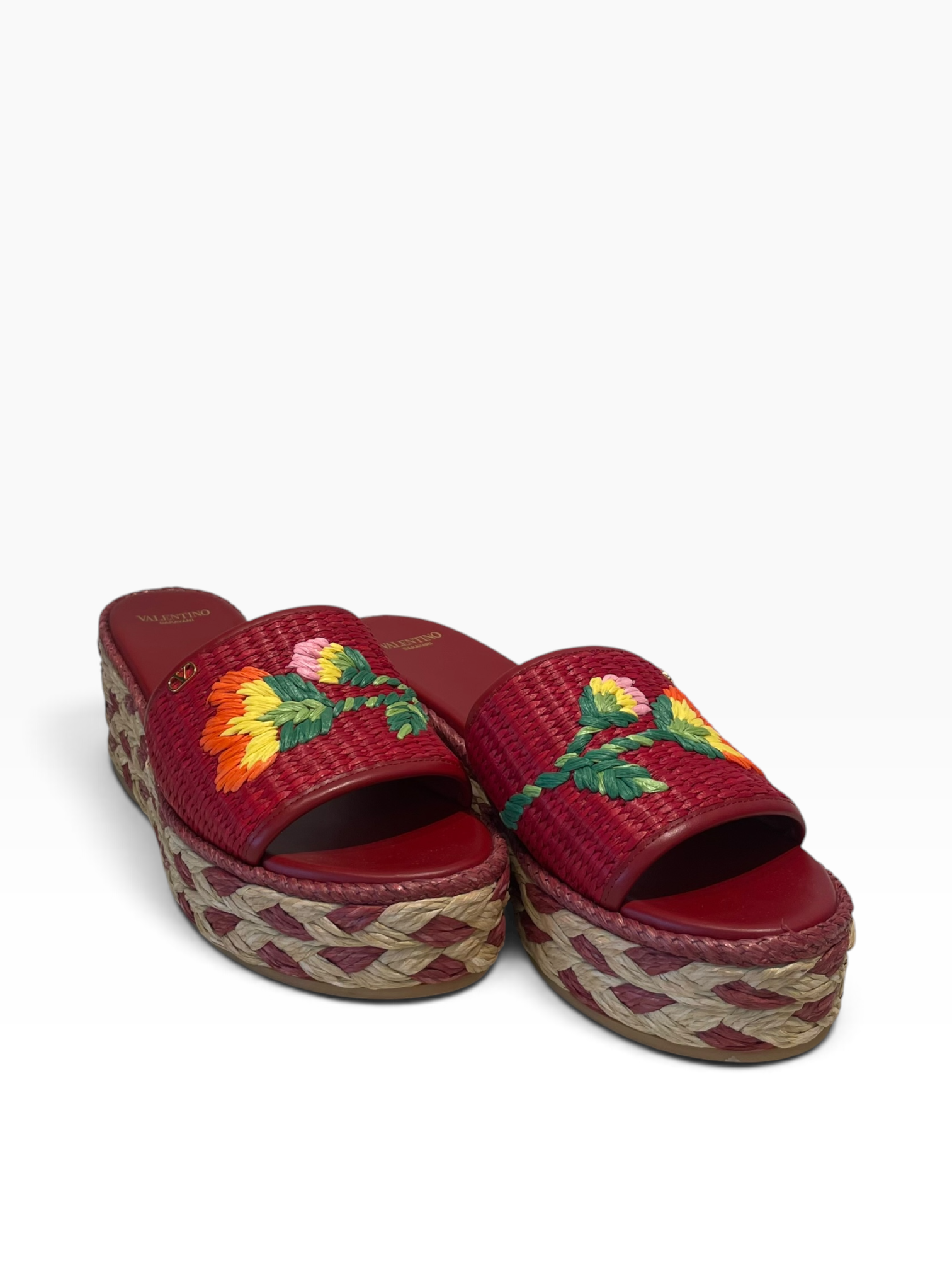 VALENTINO/Sandals/US 7.5/Floral Pattern/RED/BRIBRI FLORAL RAFFIA WEDGE view 1