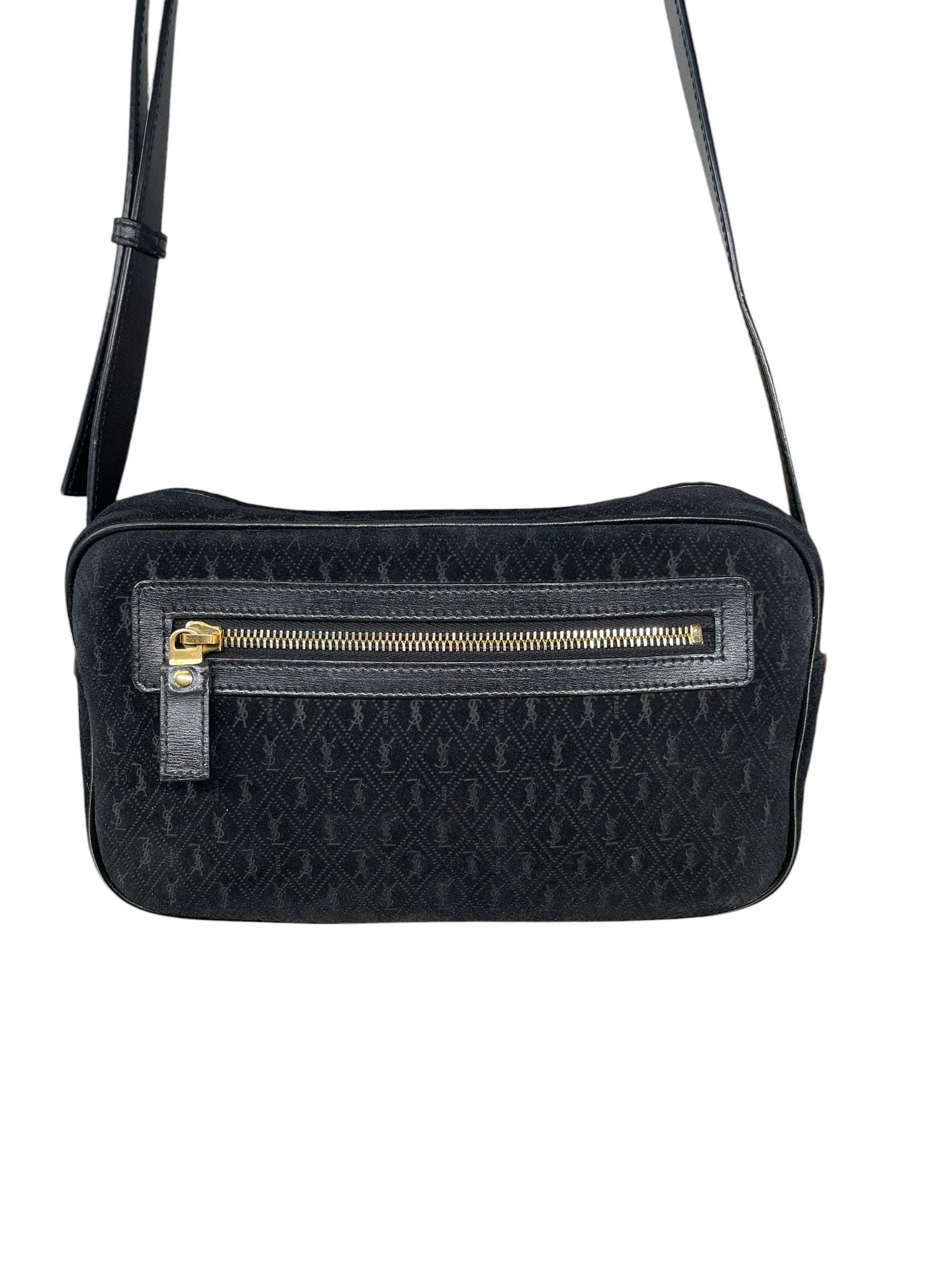SAINT LAURENT/Cross Body Bag/Monogram/Suede/BLK/monogram front zip camera bag view 4