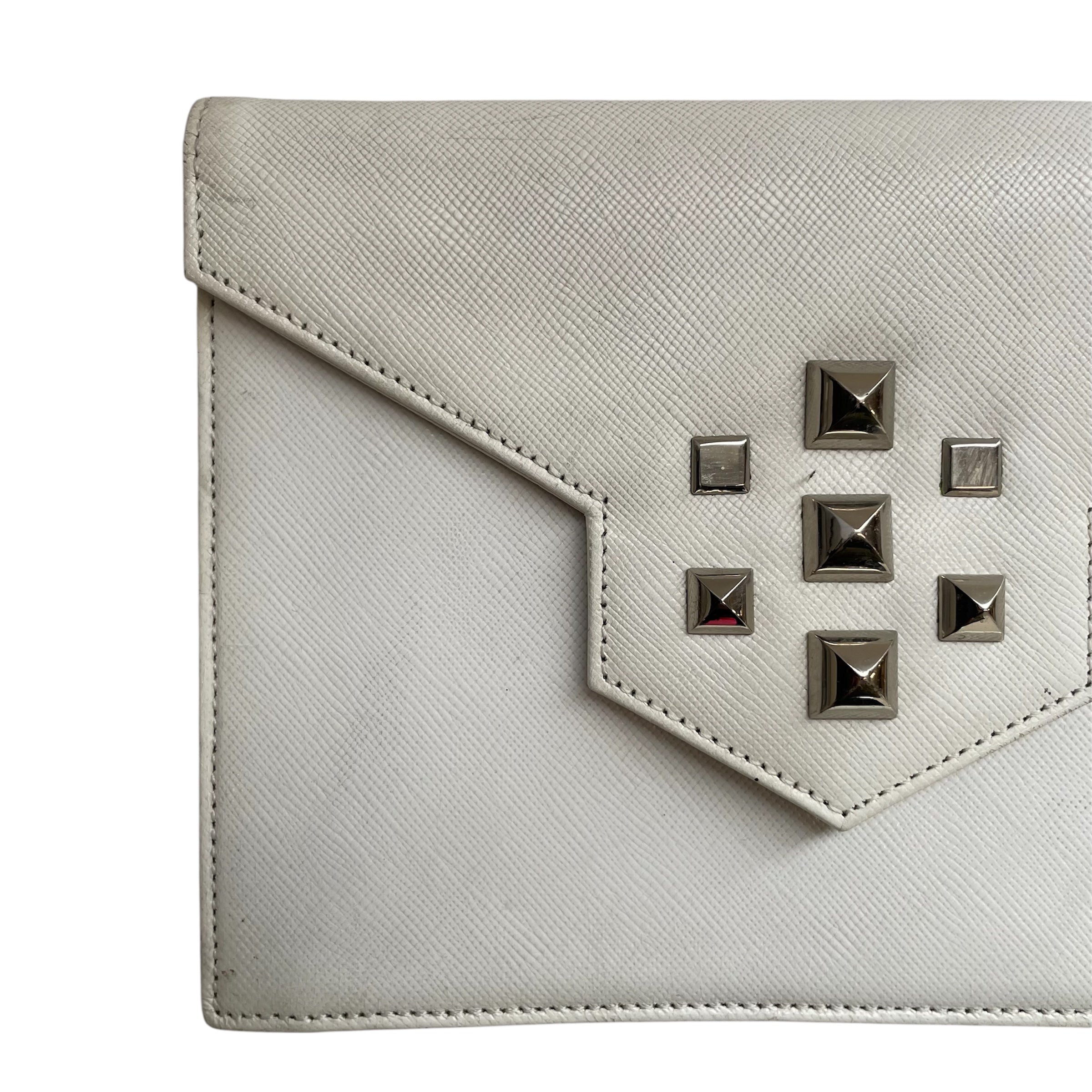 YVES SAINT LAURENT/Clutch Bag/Leather/WHT/SILVER STUDS/MONOGRAM LINEN view 3