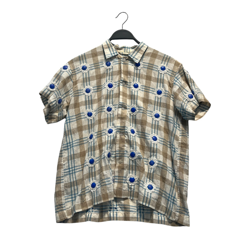 BODE/SS Shirt/S/Cotton/CRM/Plaid/BLUE FLOWERS EMBROIDERED
