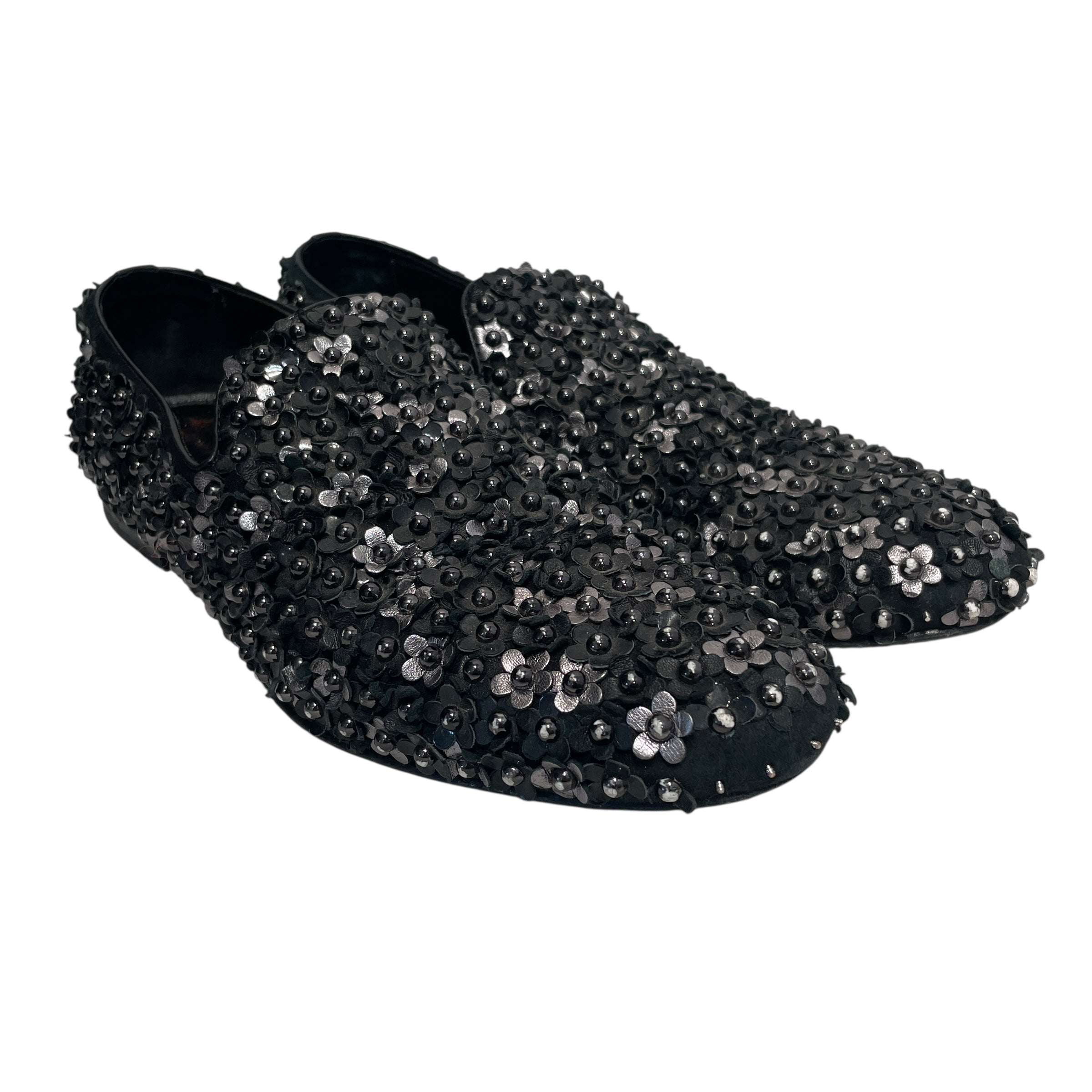 JIMMY CHOO/Loafers/EU 44/Floral Pattern/Leather/BLK/Slip-on/Sloane Floral Stud Slip-on view 1