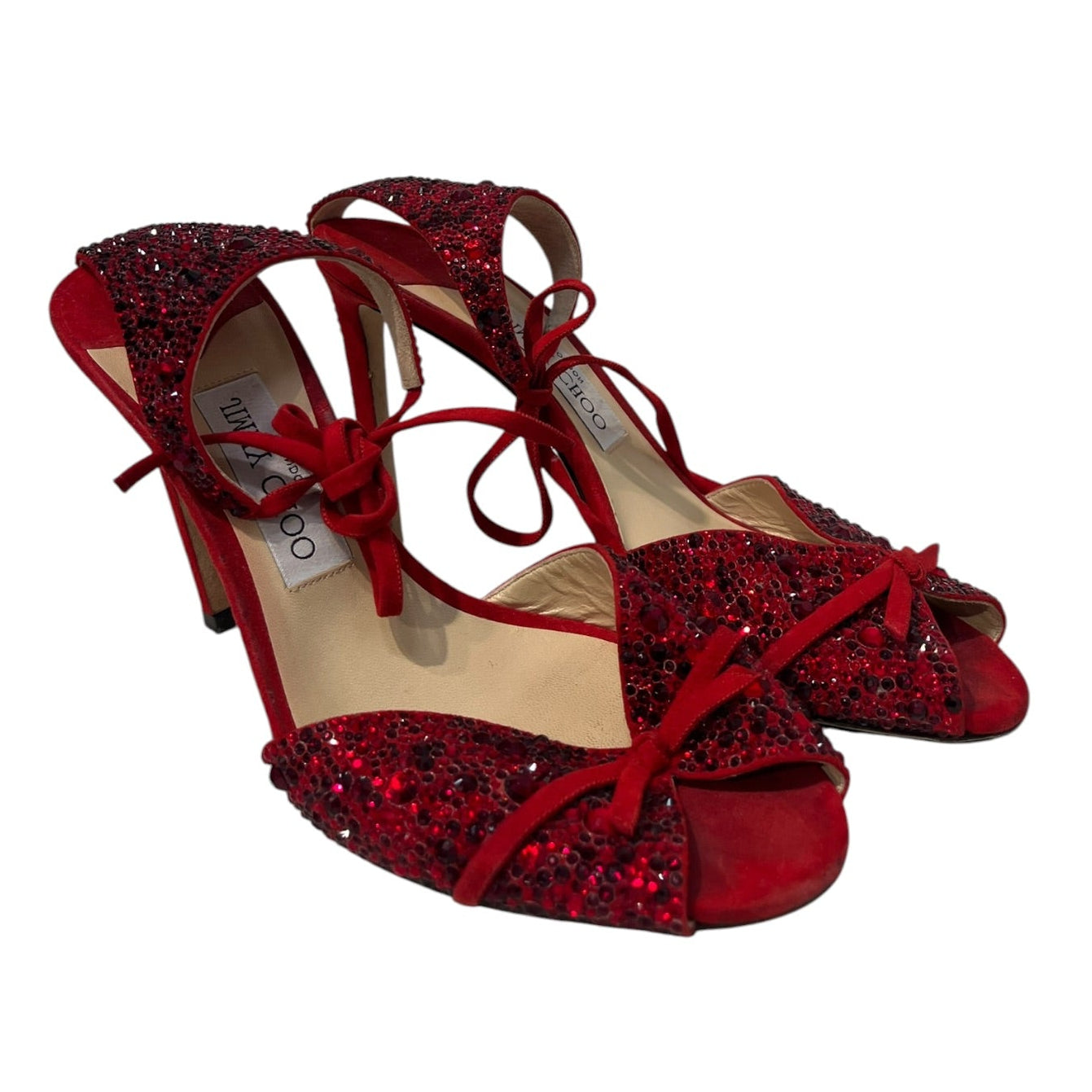 JIMMY CHOO/Heels/EU 39.5/Leather/RED/Ankle Strap/CRYSTAL DOWN HEEL BOW view 1