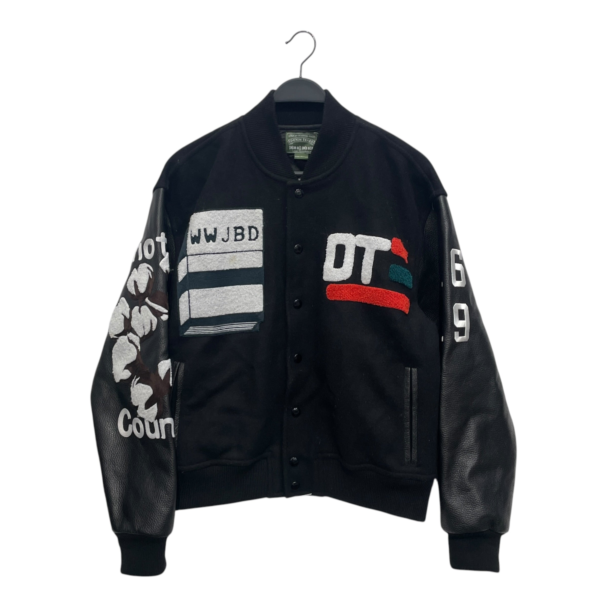 DENIM TEARS/Jacket/M/Cotton/BLK/DENIM TEARS VARSITY JKT W PATC view 1