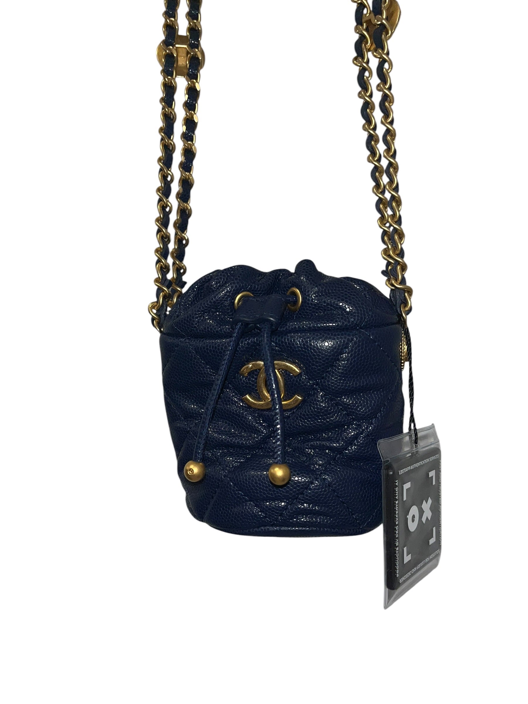 CHANEL/Cross Body Bag/Leather/NVY/caviar mini quilted bucket view 1