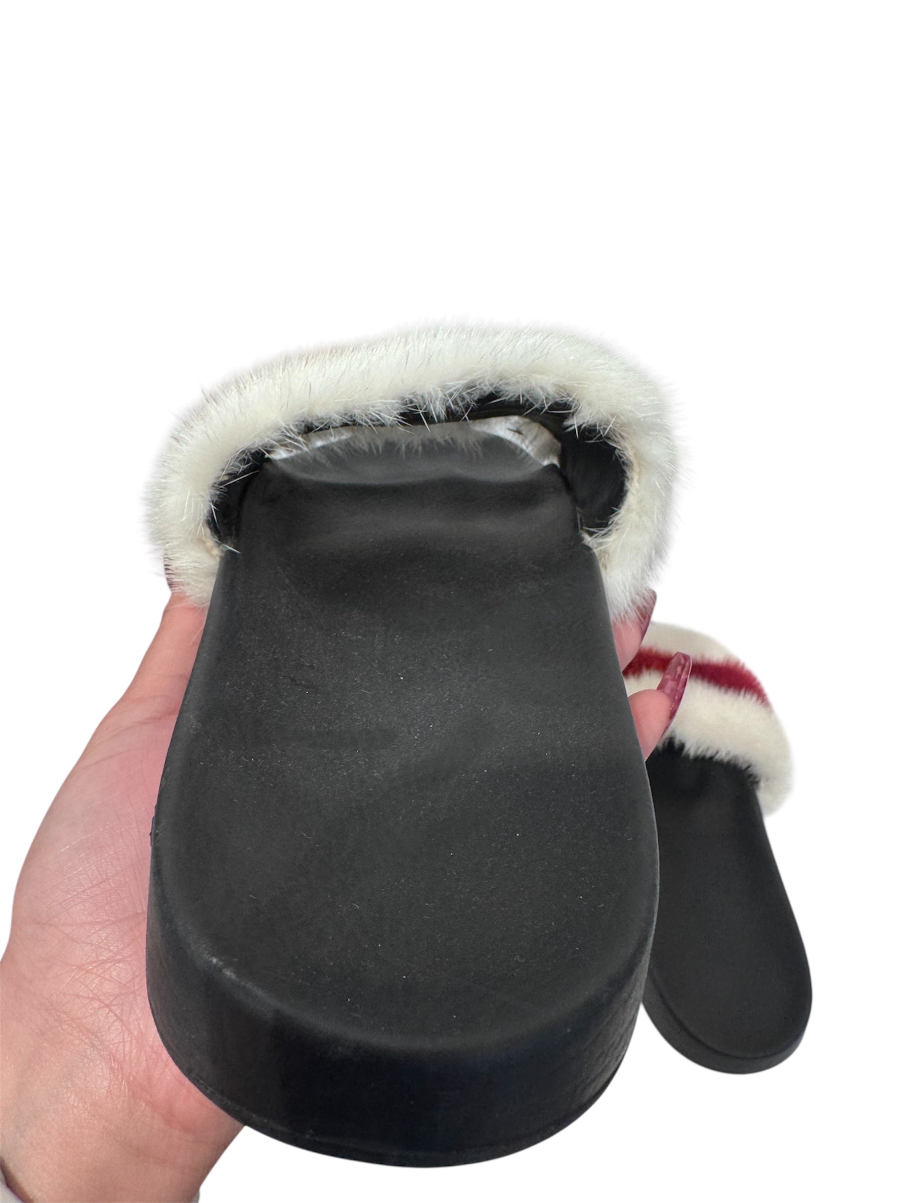 GIVENCHY/Sandals/EU 41/Stripe/Leather/BLK/Open-Toe/Fur Colorblock Pattern Slides view 3